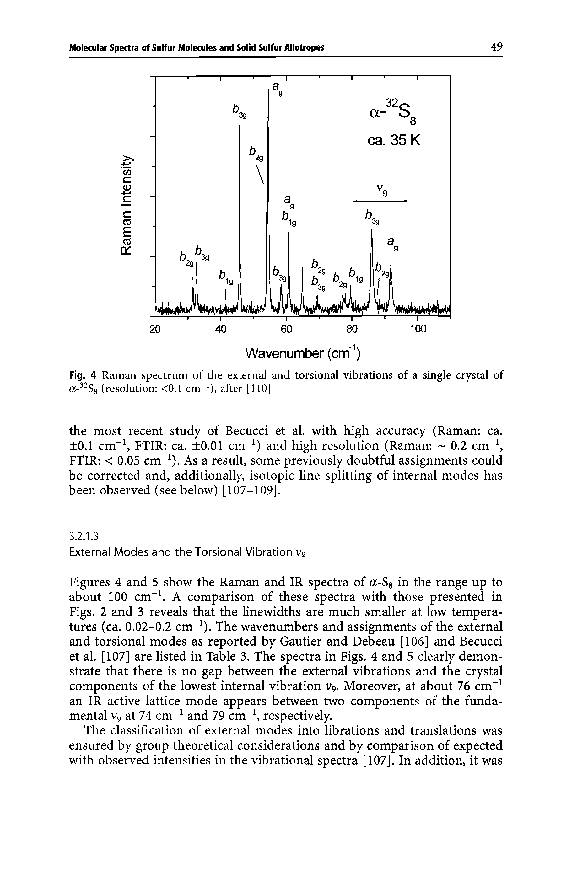 Figures 4 and 5 show the Raman and IR spectra of ce-Ss in the range up to about 100 cm A comparison of these spectra with those presented in Figs. 2 and 3 reveals that the linewidths are much smaller at low temperatures (ca. 0.02-0.2 cm ). The wavenumbers and assignments of the external and torsional modes as reported by Gautier and Debeau [106] and Becucci et al. [107] are listed in Table 3. The spectra in Figs. 4 and 5 clearly demonstrate that there is no gap between the external vibrations and the crystal components of the lowest internal vibration Vg. Moreover, at about 76 cm an IR active lattice mode appears between two components of the fundamental Vg at 74 cm and 79 cm respectively.