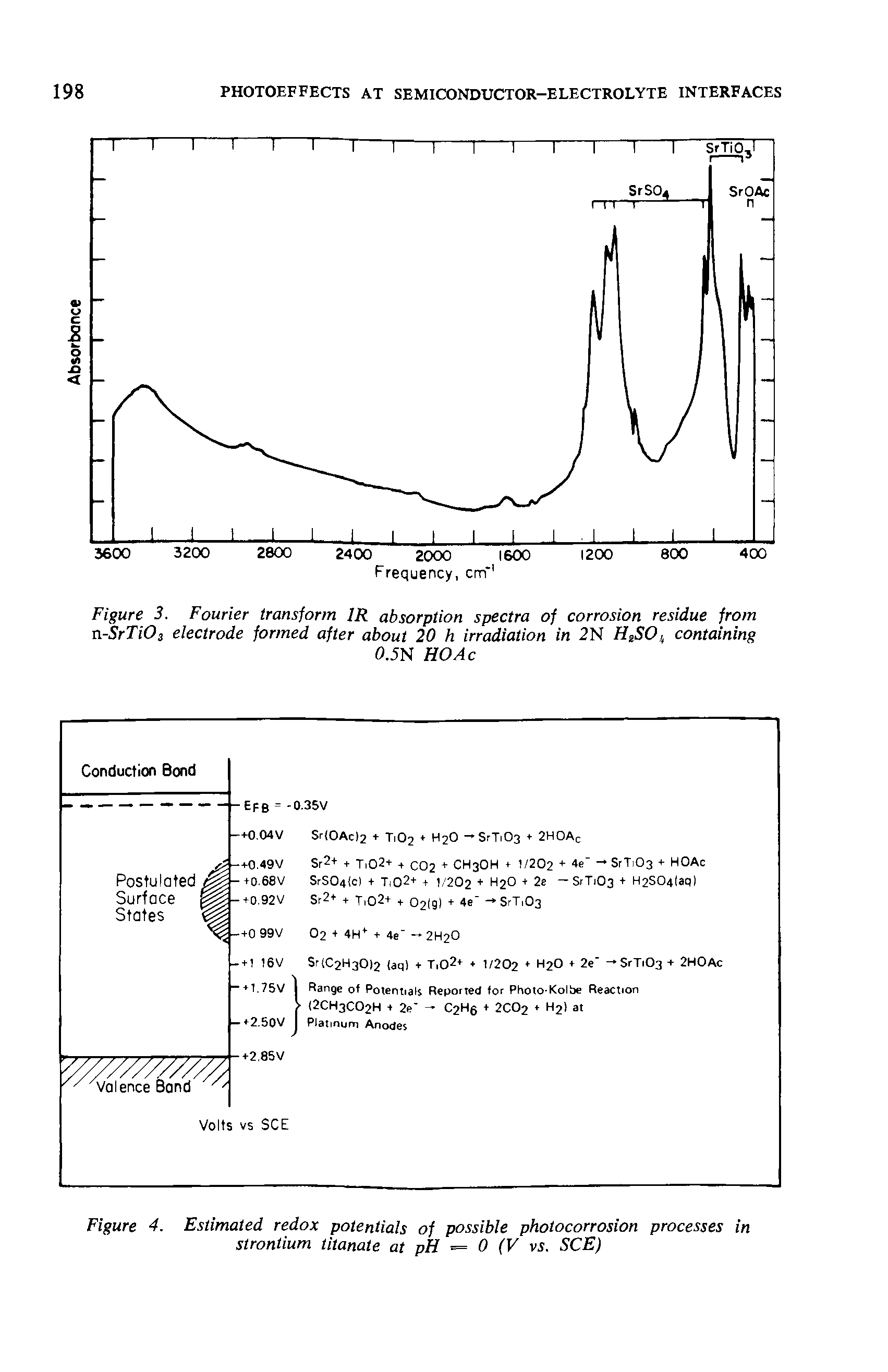 Figure 4. Estimated redox potentials of possible photocorrosion processes in strontium titanate at pH = 0 (V vi. SCE)...