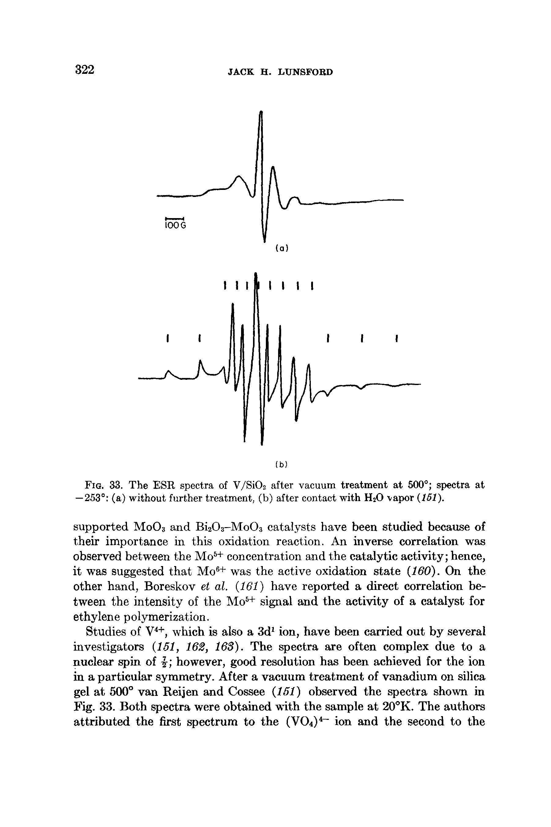 Fig. 33. The ESR spectra of V/Si02 after vacuum treatment at 500° spectra at —253° (a) without further treatment, (b) after contact with H20 vapor (151).