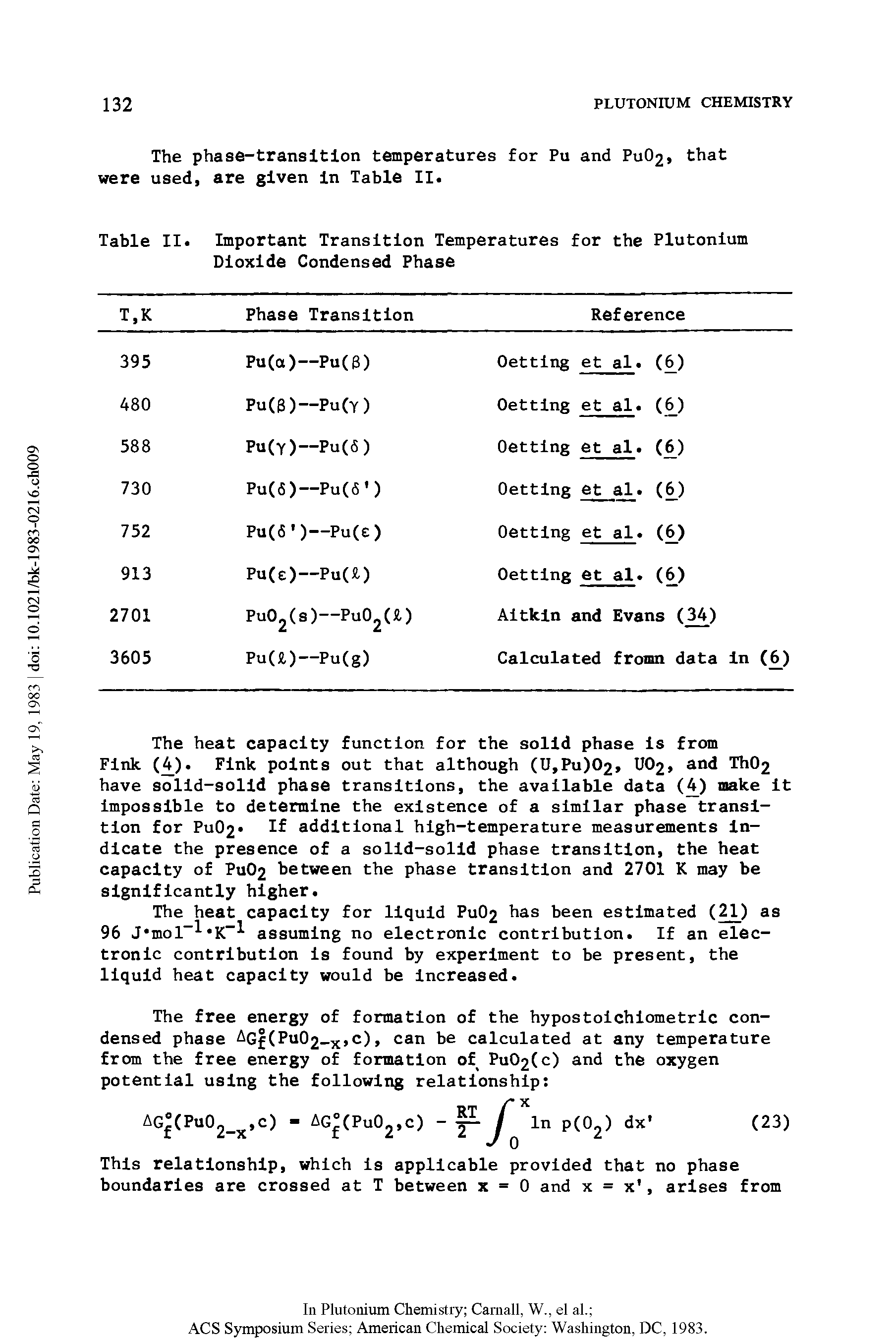 Table II. Important Transition Temperatures for the Plutonium Dioxide Condensed Phase...