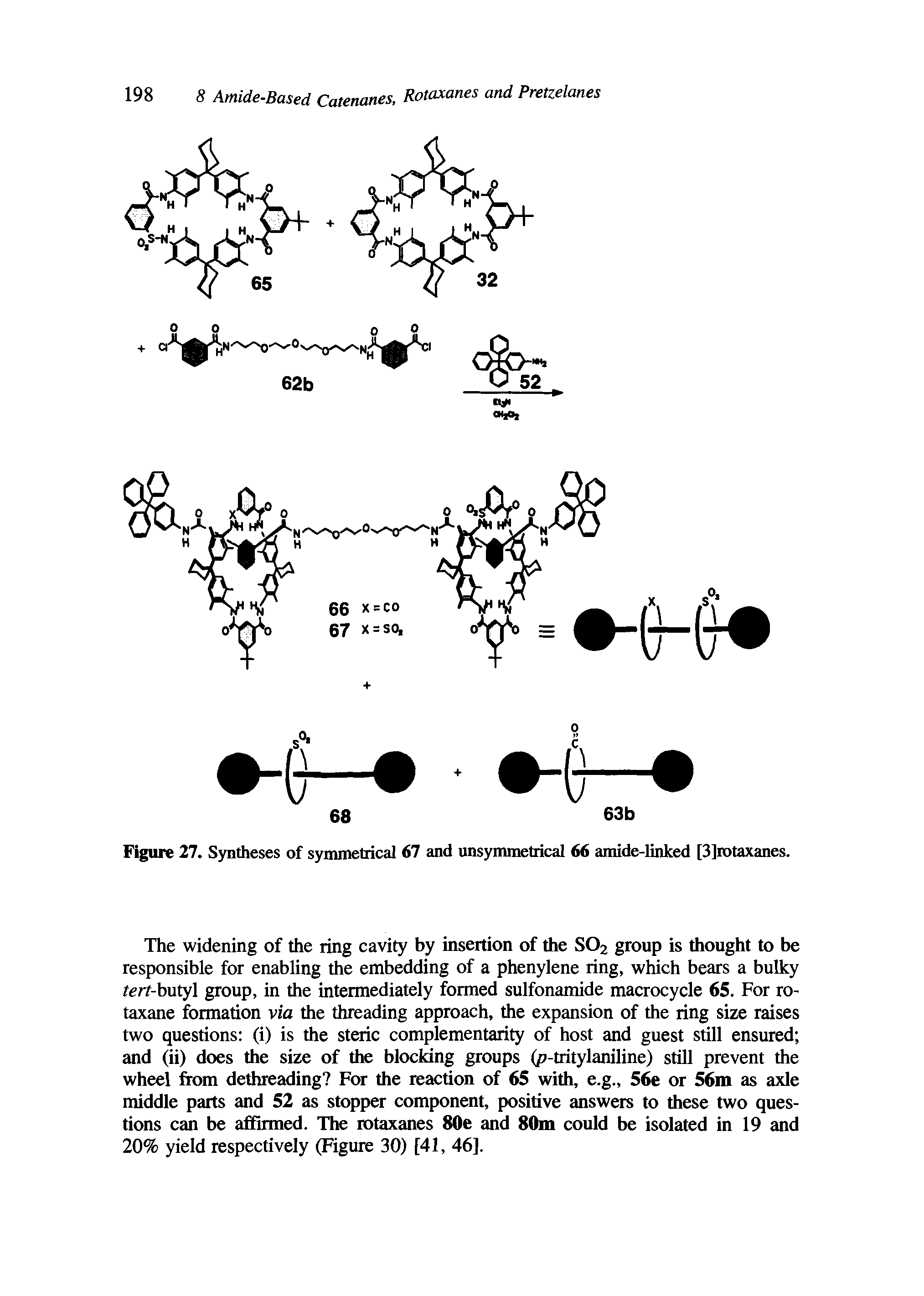 Figure 27. Syntheses of symmetrical 67 and unsymmetrical 66 amide-linked [3]rotaxanes.