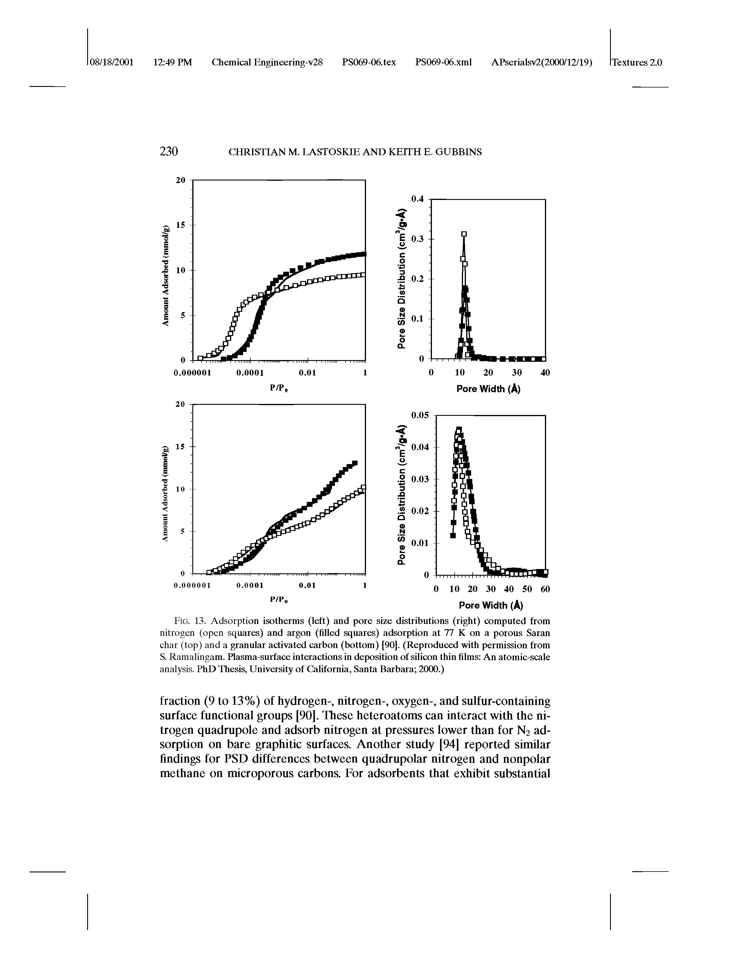 Fig. 13. Adsorption isotherms (left) and pore size distributions (right) computed from nitrogen (open squares) and argon (filled squares) adsorption at 77 K on a porous Saran char (top) and a granular activated carbon (bottom) [90]. (Reproduced with permission from S. Ramalingam. Plasma-surface interactions in deposition of silicon thin films An atomic-scale analysis. PhD Thesis, University of California, Santa Barbara 2000.)...