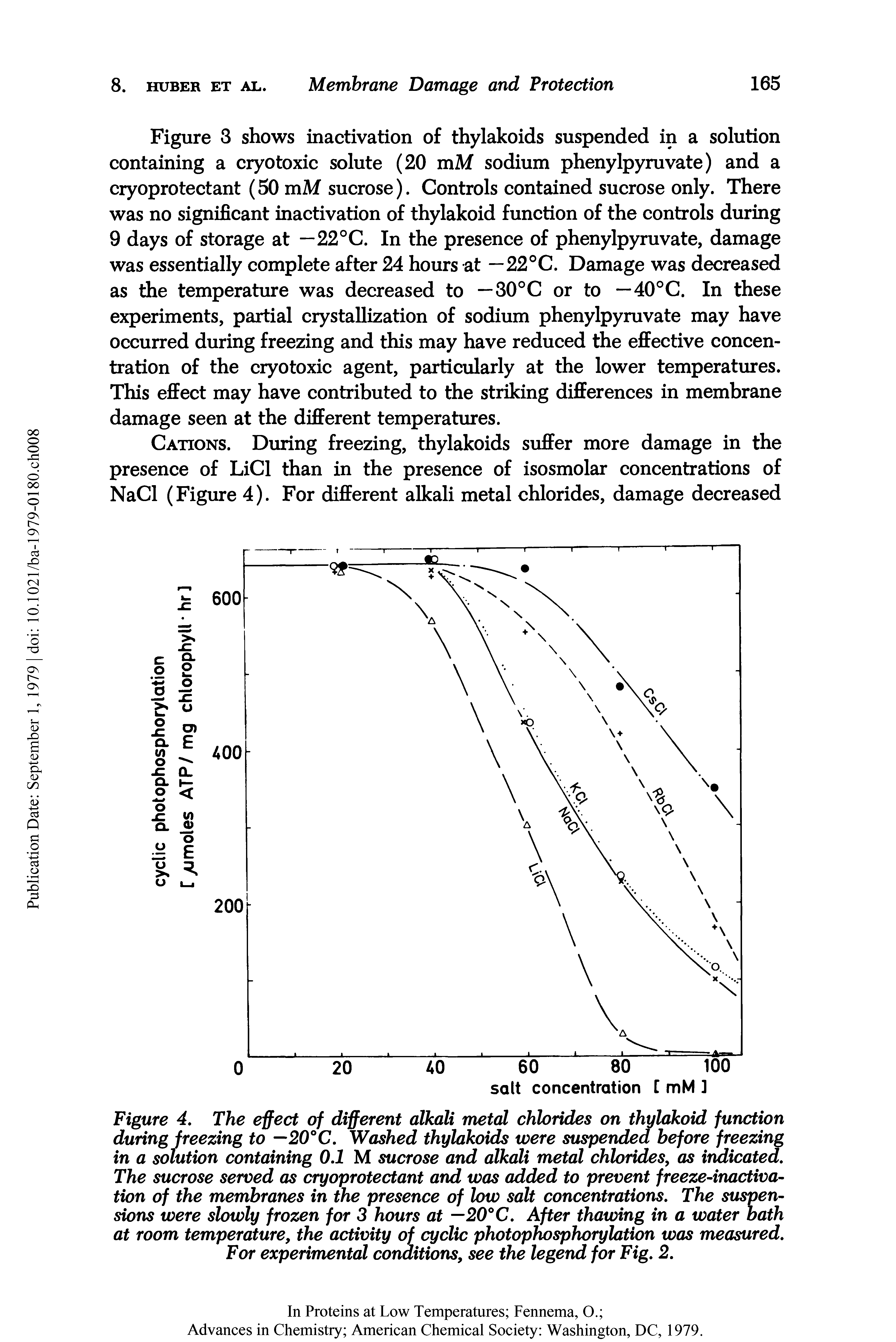 Figure 4. The effect of different alkali metal chlorides on thylakoid function during freezing to —20°C. Washed thylakoids were suspended before freezing in a solution containing 0.1 M sucrose and alkali metal chlorides, as indicated. The sucrose served as cryoprotectant and was added to prevent freeze-inactivation of the membranes in the presence of low salt concentrations. The suspensions were slowly frozen for 3 hours at —20°C. After thawing in a water bath at room temperature, the activity of cyclic photophosphorylation was measured.