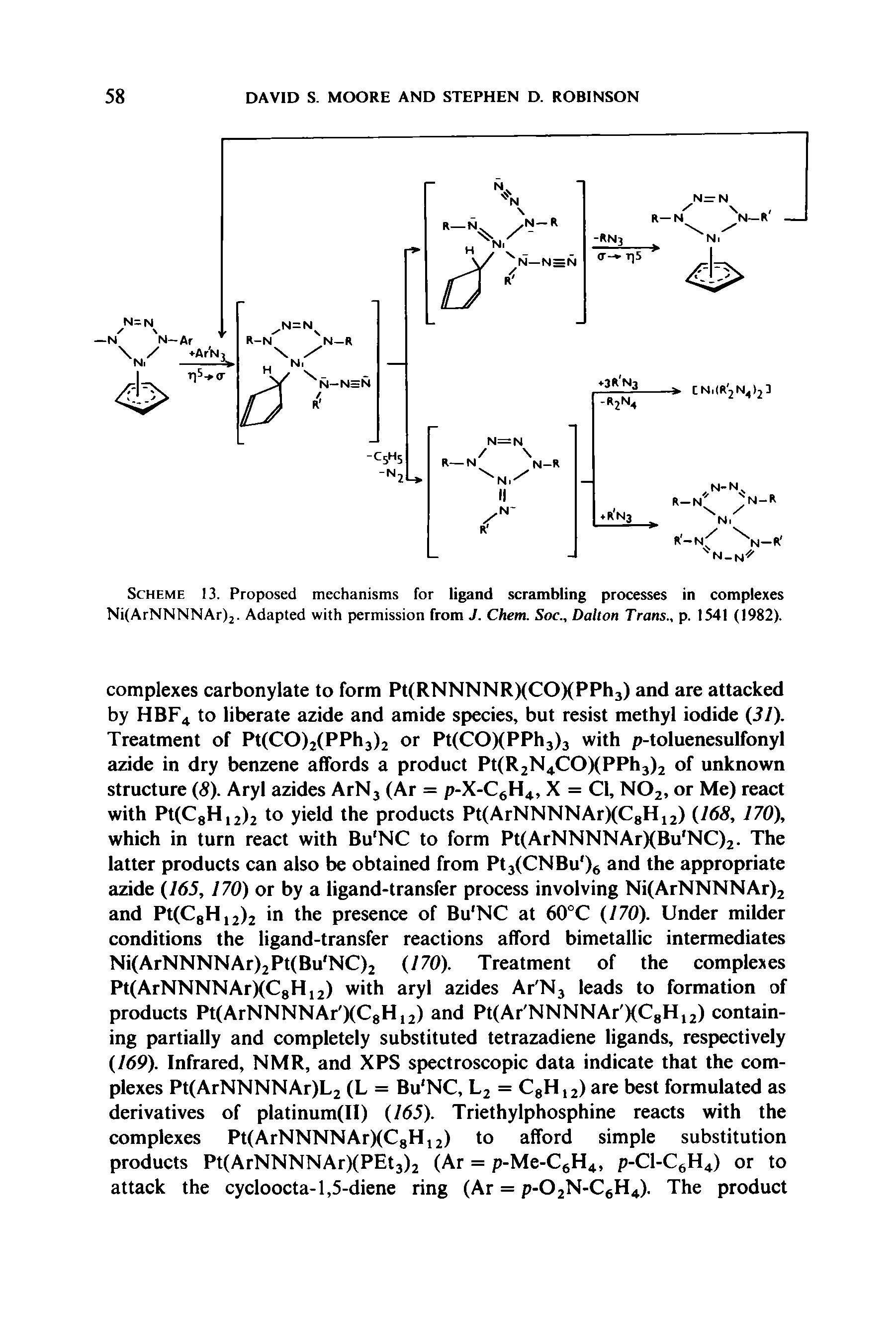 Scheme 13. Proposed mechanisms for ligand scrambling processes in complexes Ni(ArNNNNAr)2- Adapted with permission from J. Chem. Soc., Dalton Trans., p. 1541 (1982).