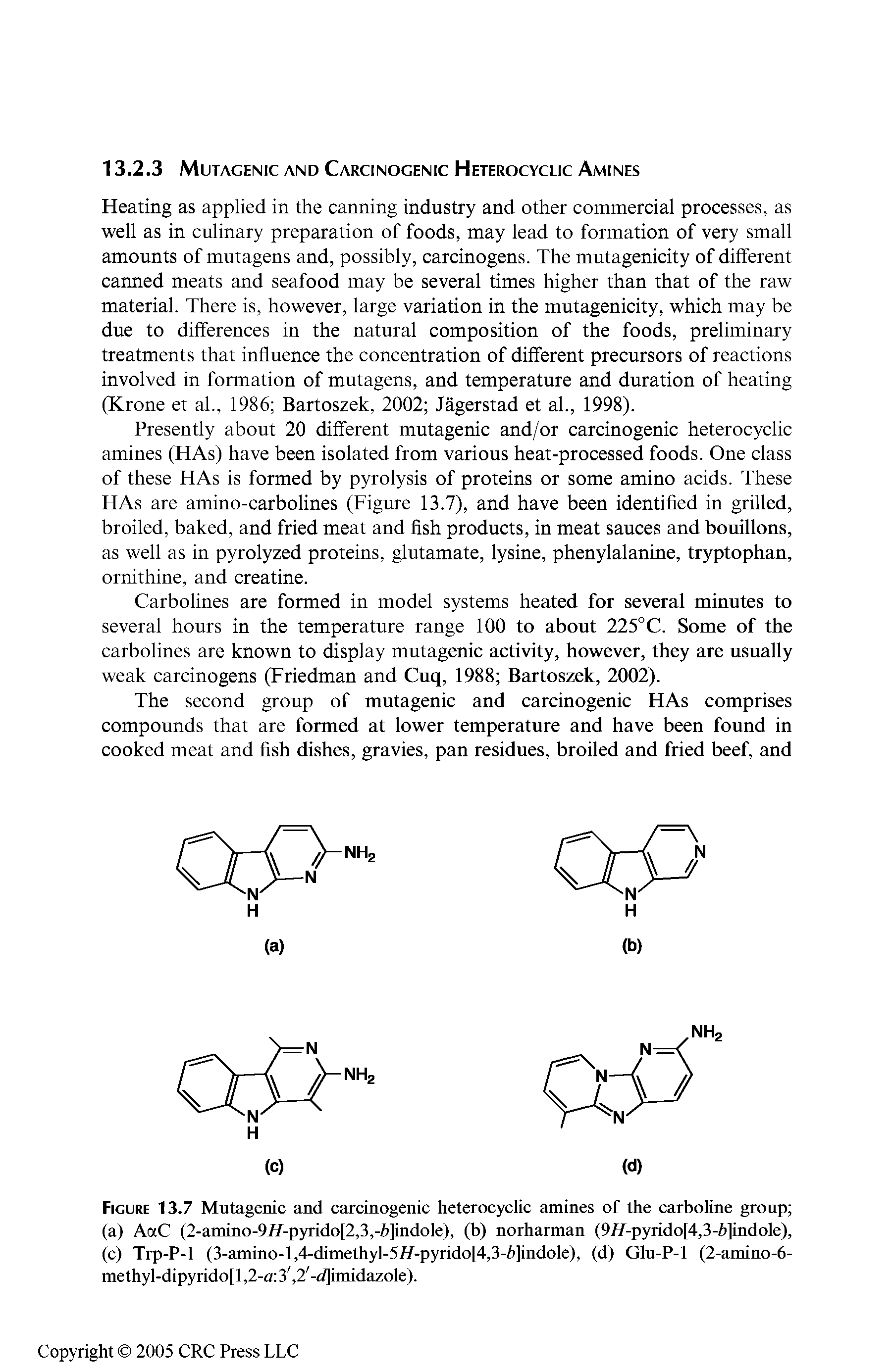 Figure 13.7 Mutagenic and carcinogenic heterocyclic amines of the carboline group (a) AaC (2-amino-9//-p5Tido[2,3,-i)]indole), (b) norharman (9f/-pyrido[4,3-i)]indole), (c) Trp-P-1 (3-amino-l,4-dimethyl-57/-pyrido[4,3-/)]indole), (d) Glu-P-1 (2-amino-6-methyl-dipyrido[l,2-a 3, 2 -d]imidazole).