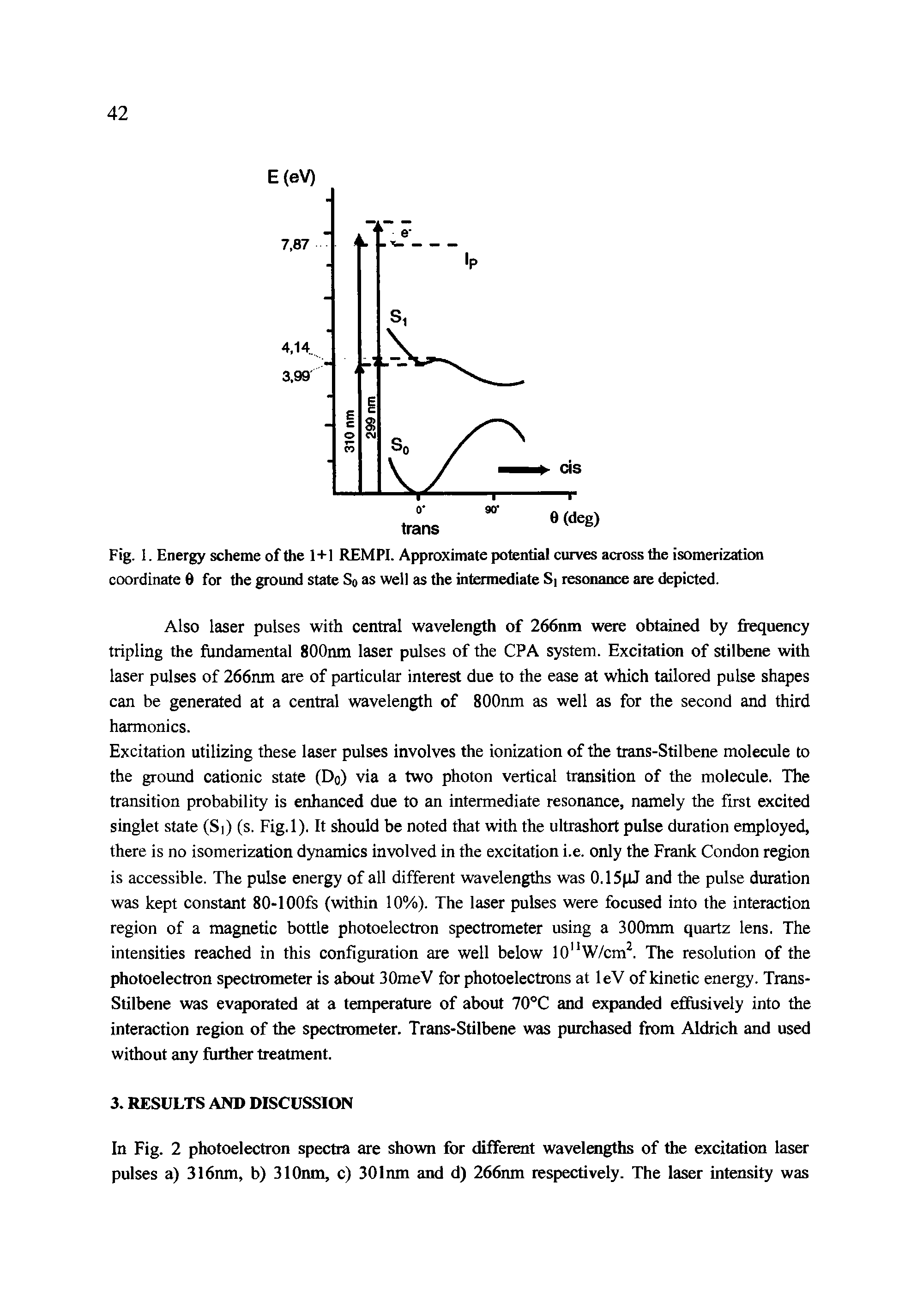 Fig. 1. Energy scheme of the 1+1 REMPI. Approximate potential curves across the isomerization coordinate 0 for the ground state So as well as the intermediate Si resonance are depicted.