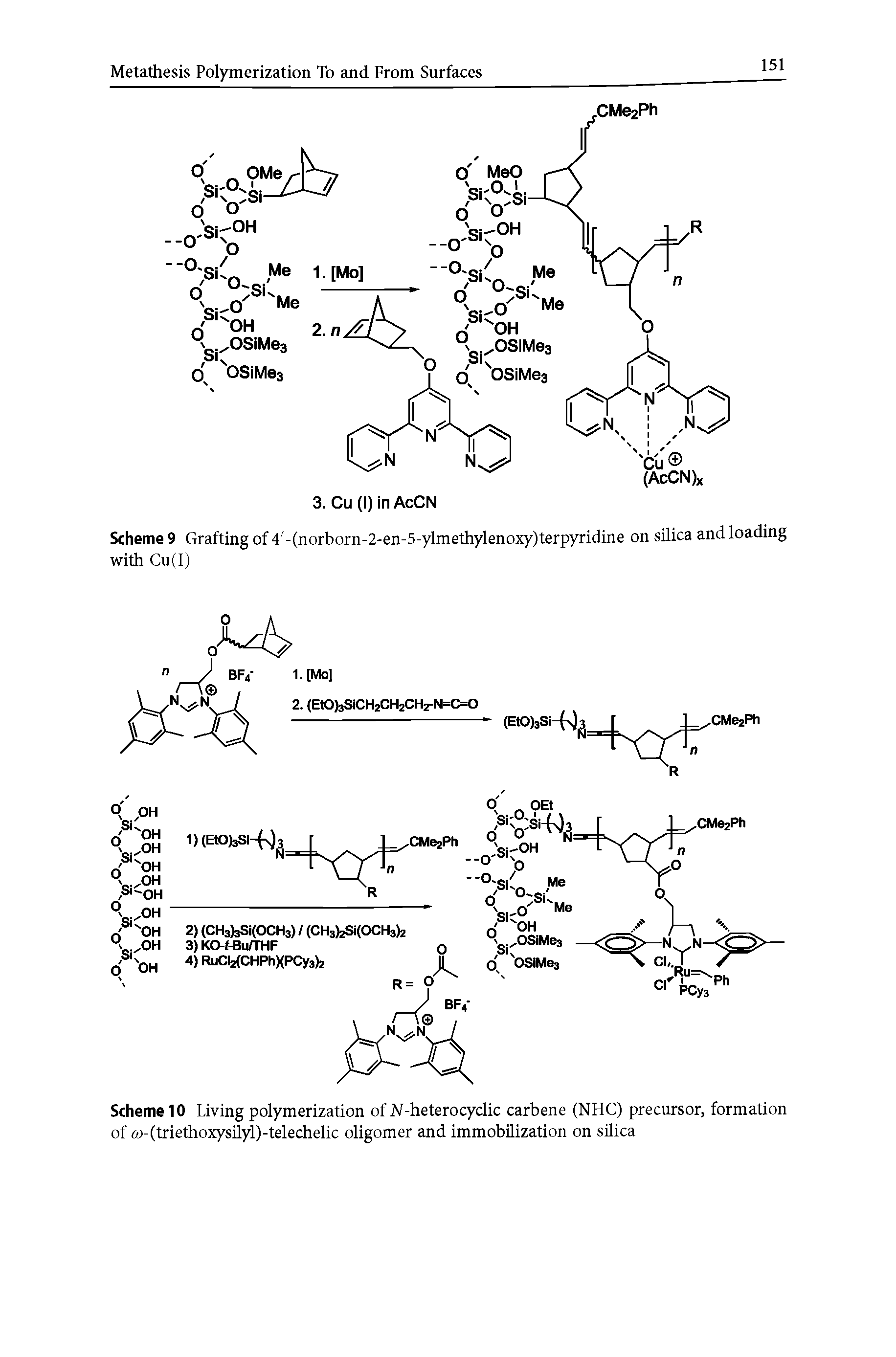 Scheme 10 Living polymerization of W-heterocyclic carbene (NHC) precursor, formation of (u-(triethoxysilyl)-telechelic oligomer and immobilization on silica...