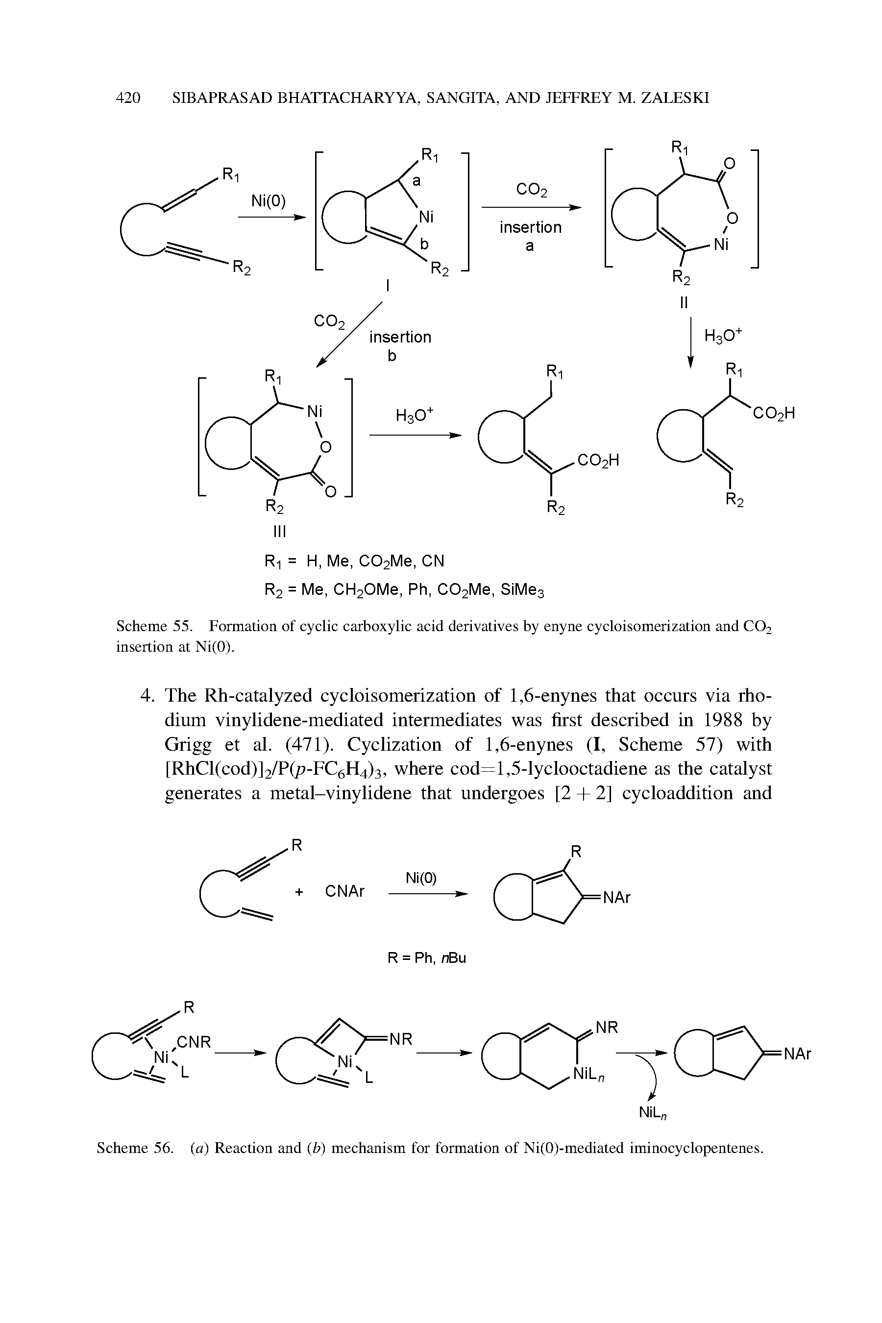 Scheme 55. Formation of cyclic carboxylic acid derivatives by enyne cycloisomerization and CO2 insertion at Ni(0).