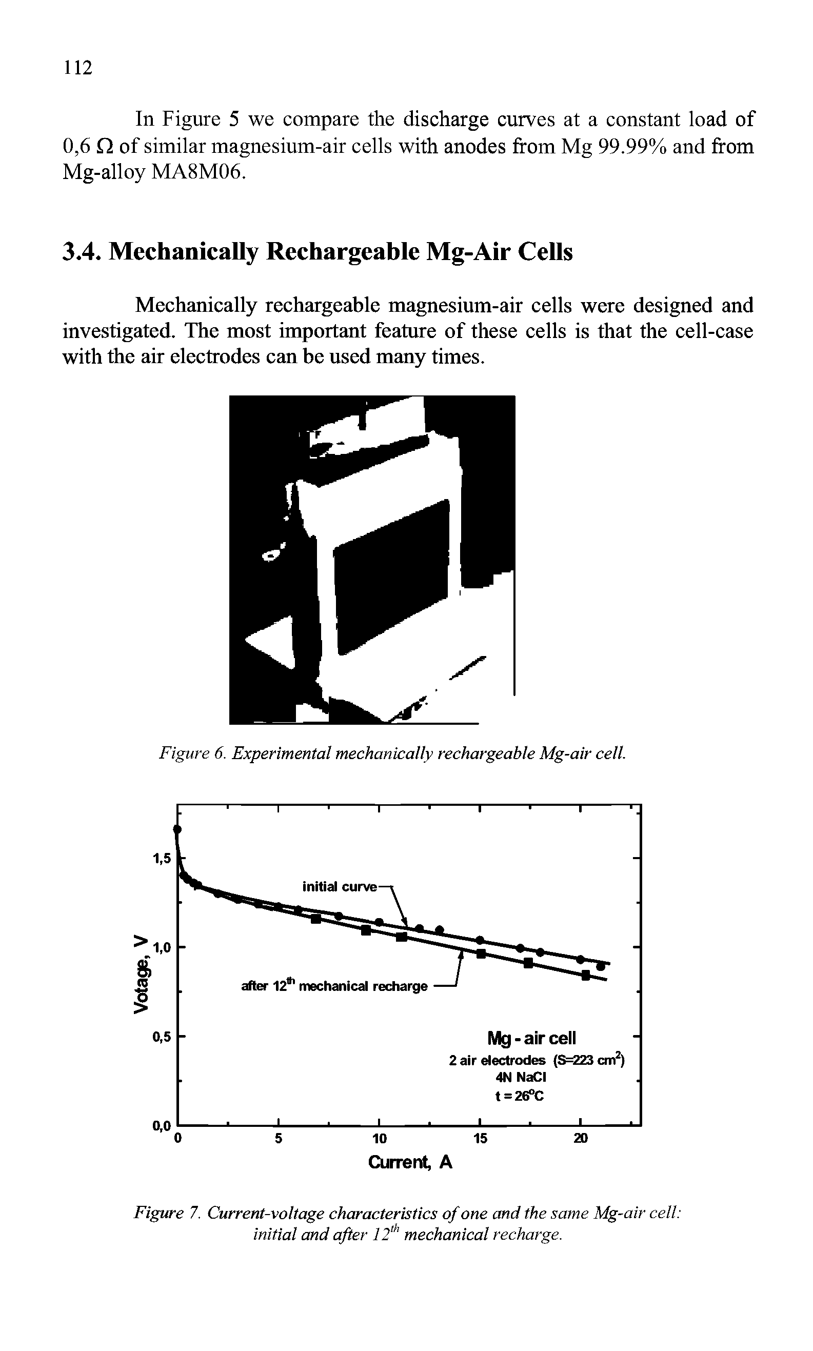 Figure 7. Current-voltage characteristics of one and the same Mg-air cell initial and after 12th mechanical recharge.
