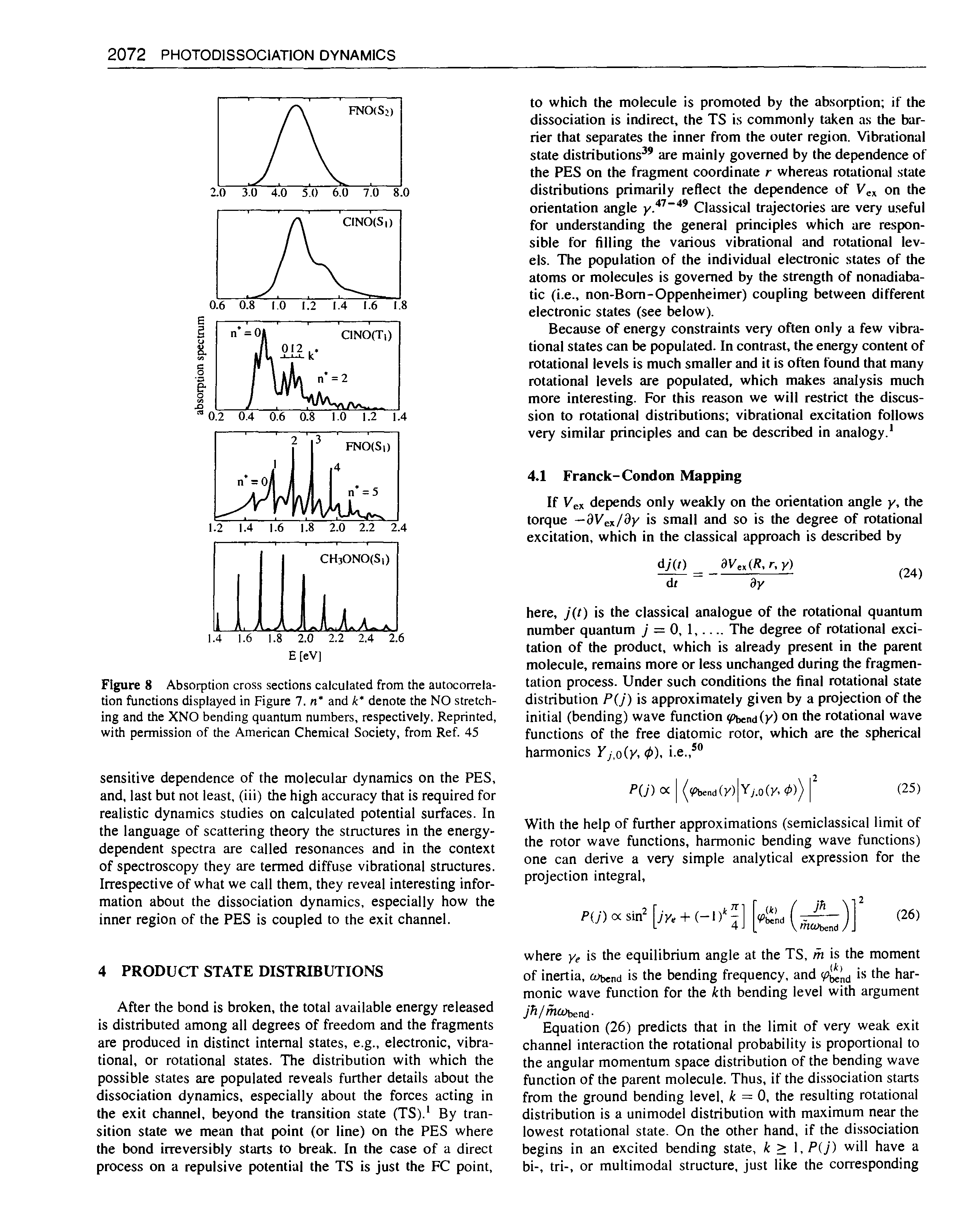 Figure 8 Absorption cross sections calculated from the autocorrelation functions displayed in Figure 7. n and k denote the NO stretching and the XNO bending quantum numbers, respectively. Reprinted, with permission of the American Chemical Society, from Ref. 45...