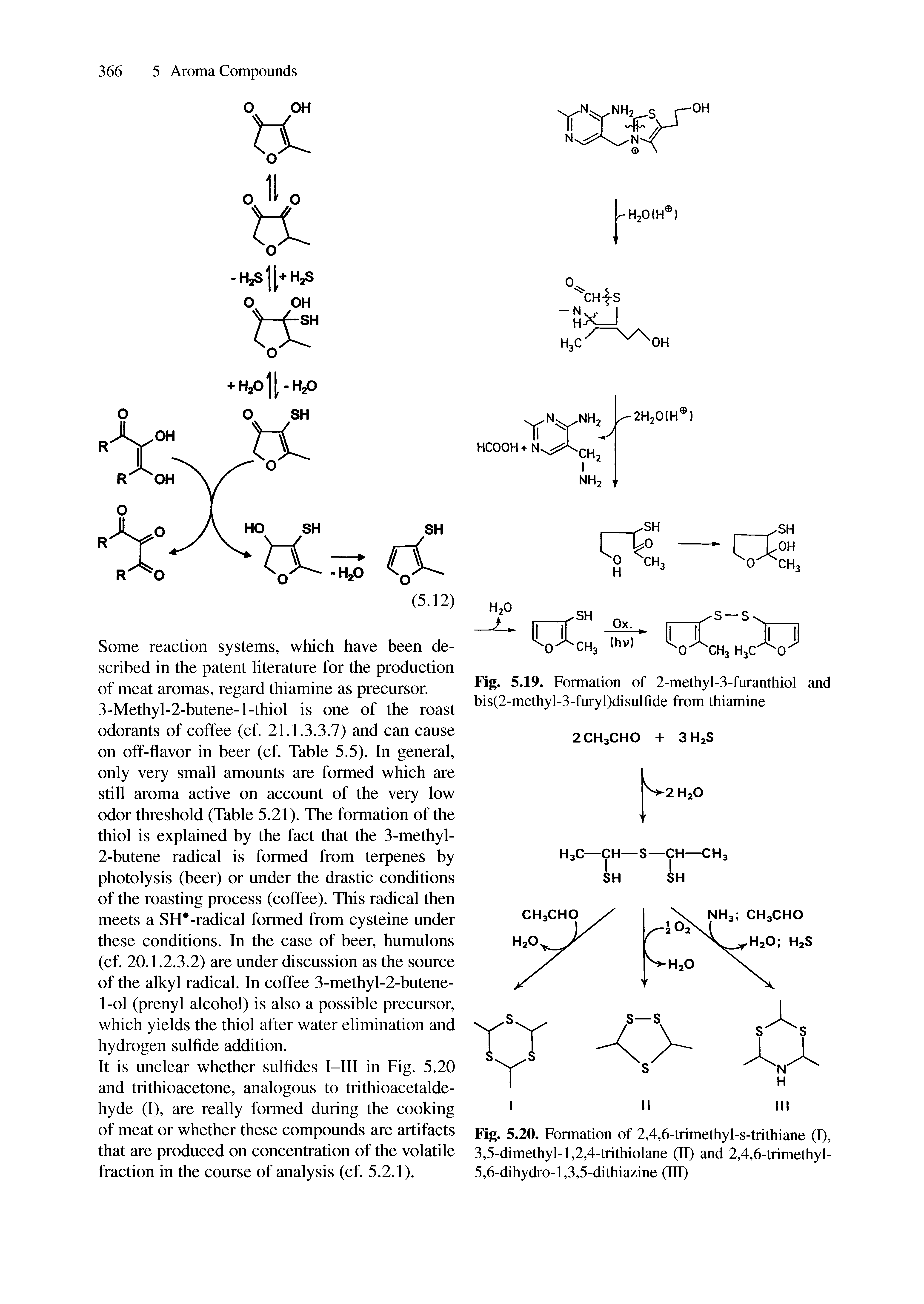 Fig. 5.19. Formation of 2-methyl-3-furanthiol and bis(2-methyl-3-furyl)disulfide from thiamine...