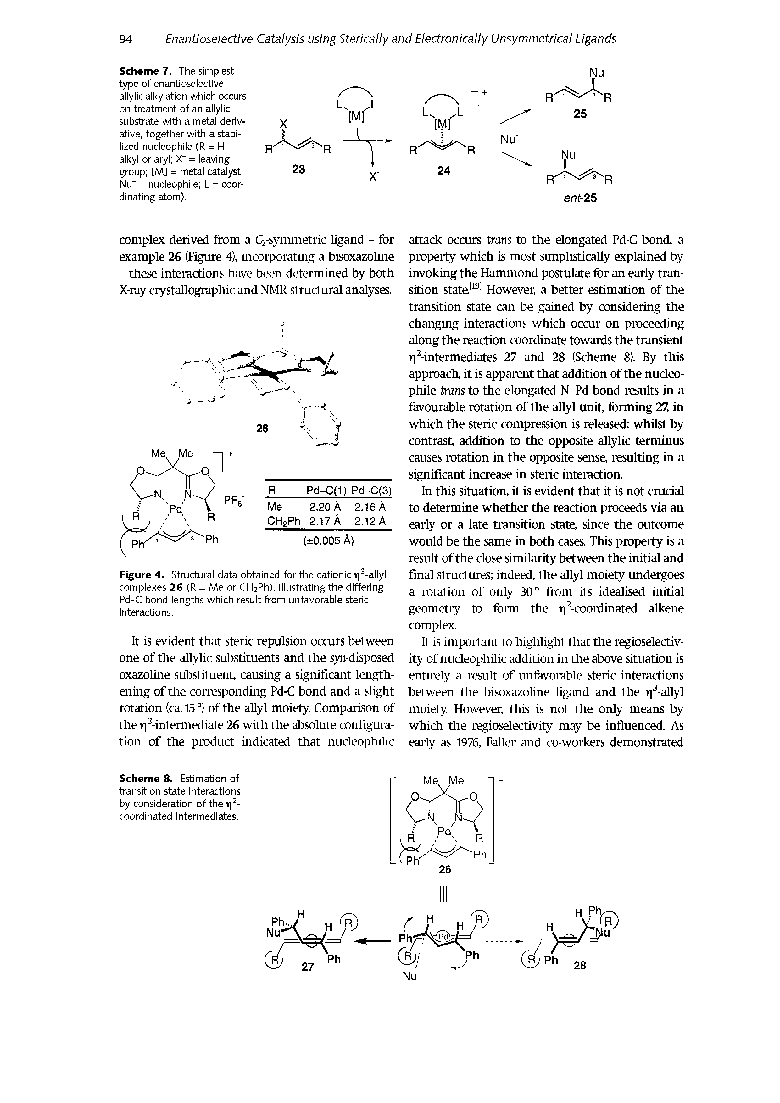 Scheme 7. The simplest type of enantioselective allylic alkylation which occurs on treatment of an allylic substrate with a metal derivative, together with a stabilized nucleophile (R = H, alkyl or aryl X" = leaving group [M] = metal catalyst Nu" = nucleophile L = coordinating atom).