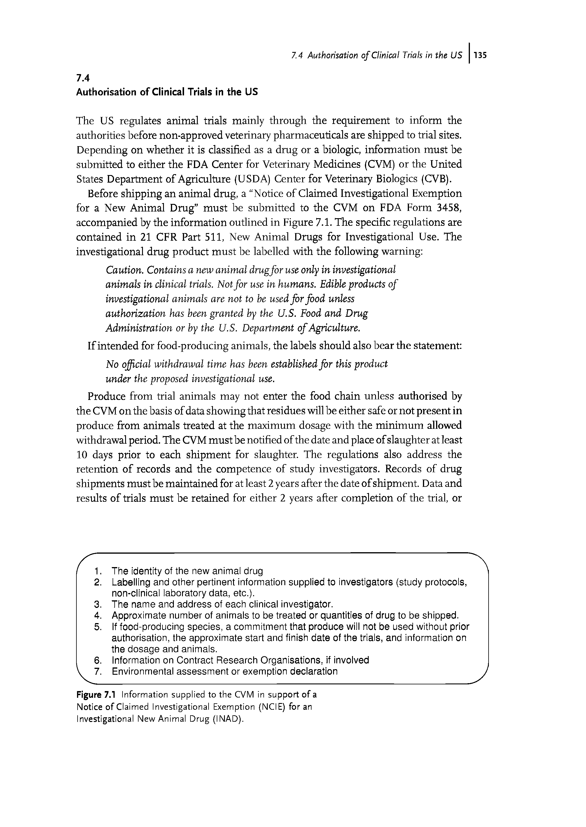 Figure 7.1 Information supplied to the CVM in support of a Notice of Claimed Investigational Exemption (NCIE) for an Investigational New Animal Drug (INAD).