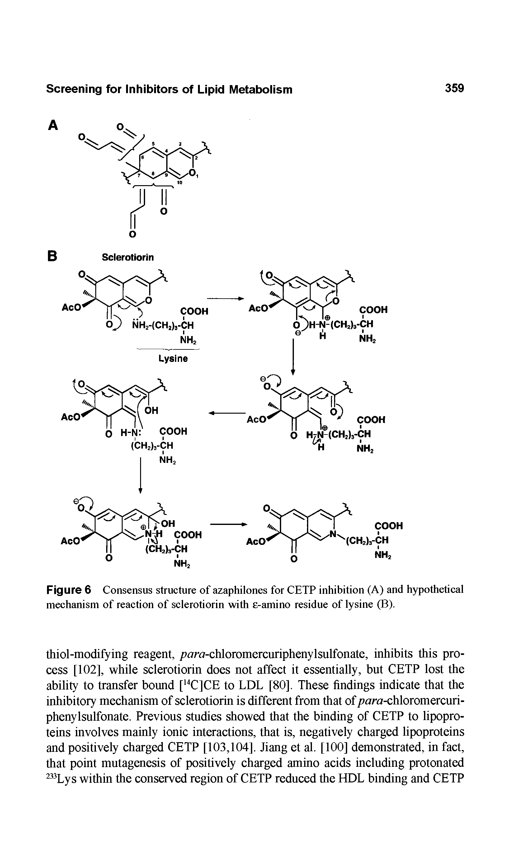 Figure 6 Consensus structure of azaphilones for CETP inhibition (A) and hypothetical mechanism of reaction of sclerotiorin with e-amino residue of lysine (B).