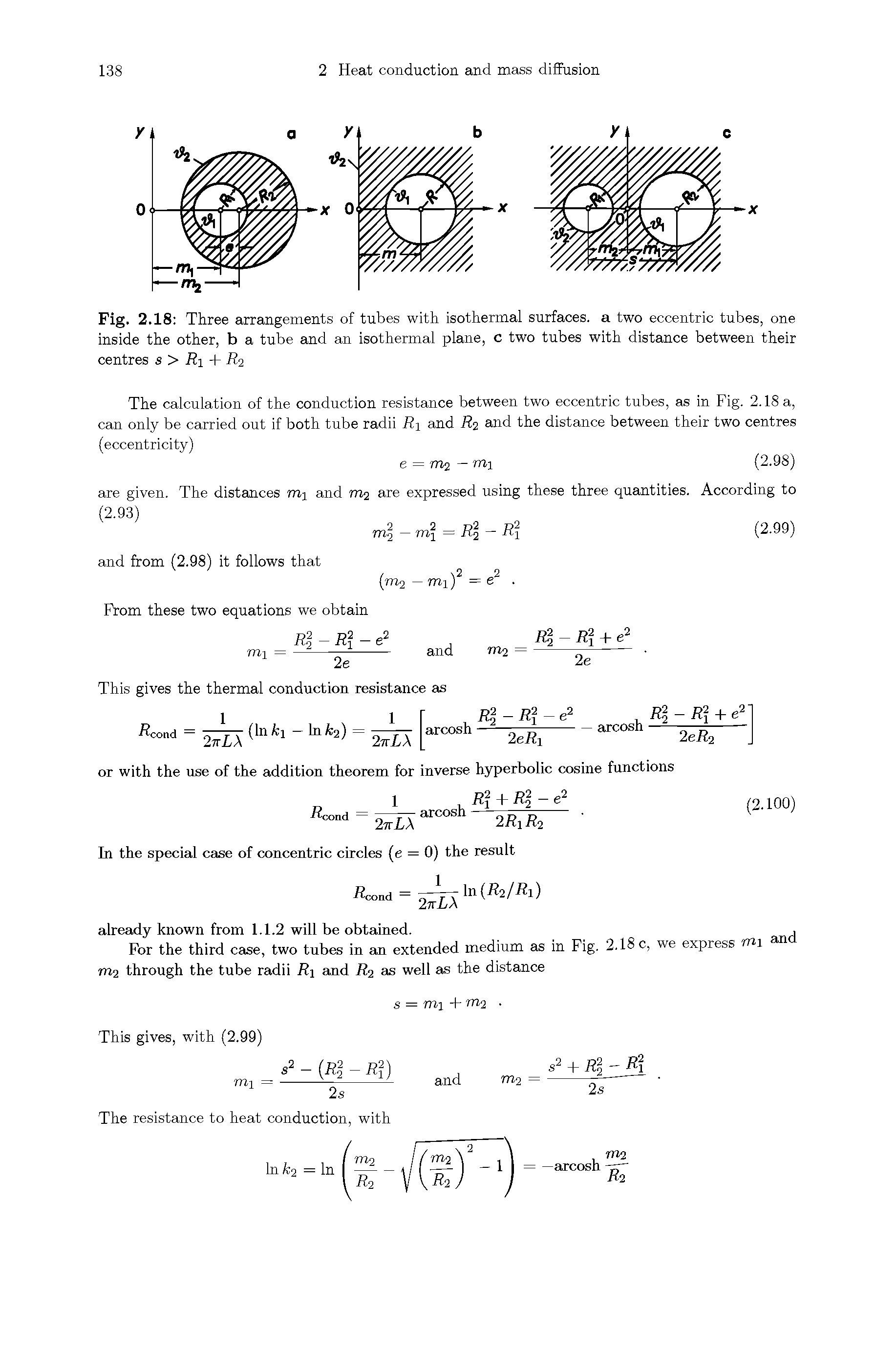 Fig. 2.18 Three arrangements of tubes with isothermal surfaces, a two eccentric tubes, one inside the other, b a tube and an isothermal plane, c two tubes with distance between their centres s > R + R2...