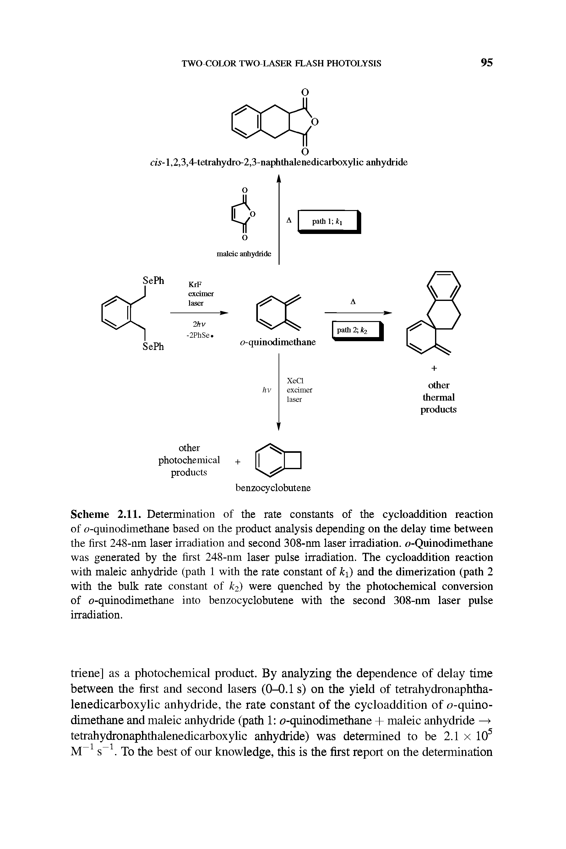 Scheme 2.11. Determination of the rate constants of the cycloaddition reaction of o-quinodimethane based on the product analysis depending on the delay time between the first 248-nm laser irradiation and second 308-nm laser irradiation. o-Quinodimethane was generated by the first 248-nm laser pulse irradiation. The cycloaddition reaction with maleic anhydride (path 1 with the rate constant of k ) and the dimerization (path 2 with the bulk rate constant of k2) were quenched by the photochemical conversion of o-quinodimethane into benzocyclobutene with the second 308-nm laser pulse irradiation.