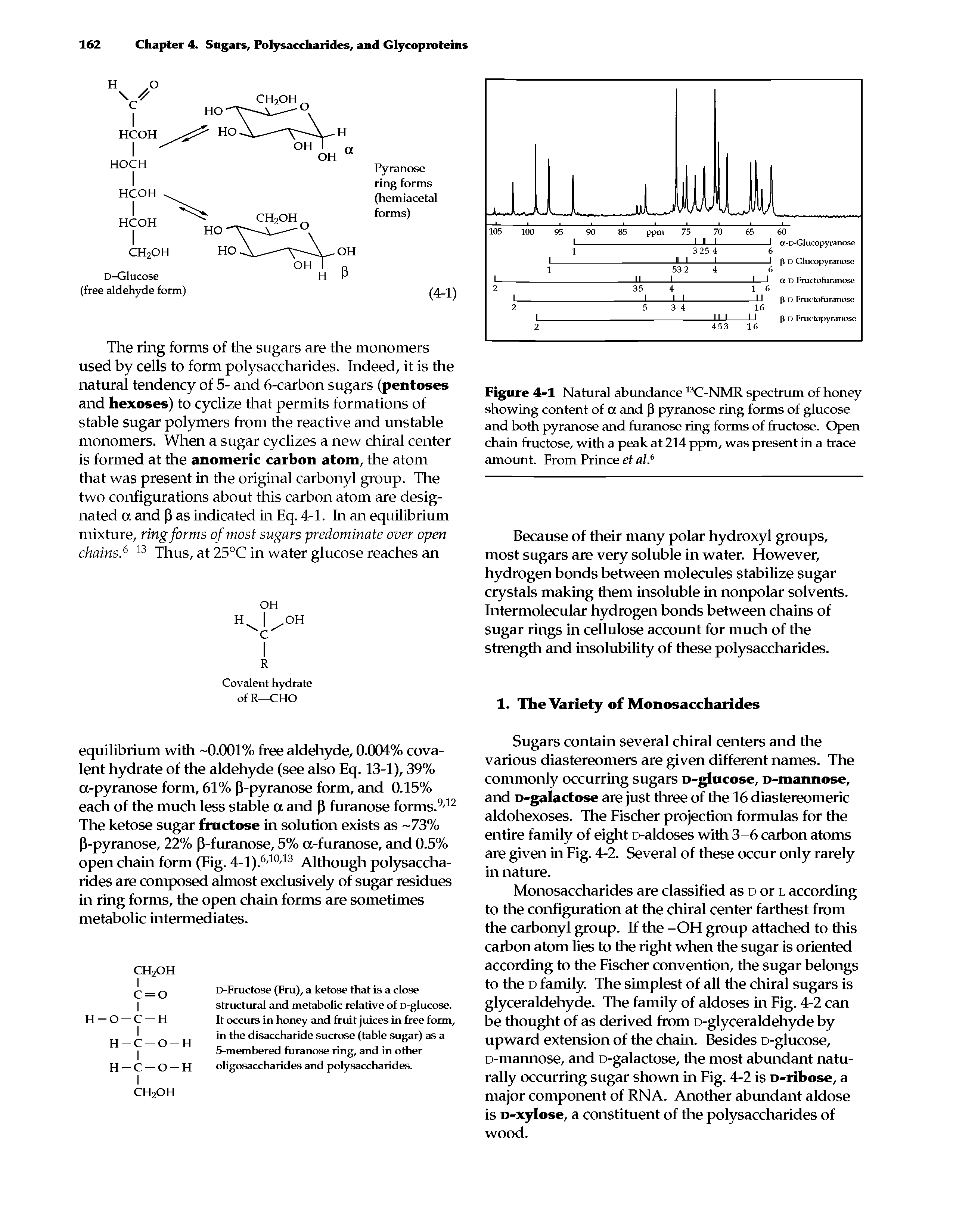 Figure 4-1 Natural abundance 13C-NMR spectrum of honey showing content of a and (3 pyranose ring forms of glucose and both pyranose and furanose ring forms of fructose. Open chain fructose, with a peak at 214 ppm, was present in a trace amount. From Prince et al.6...