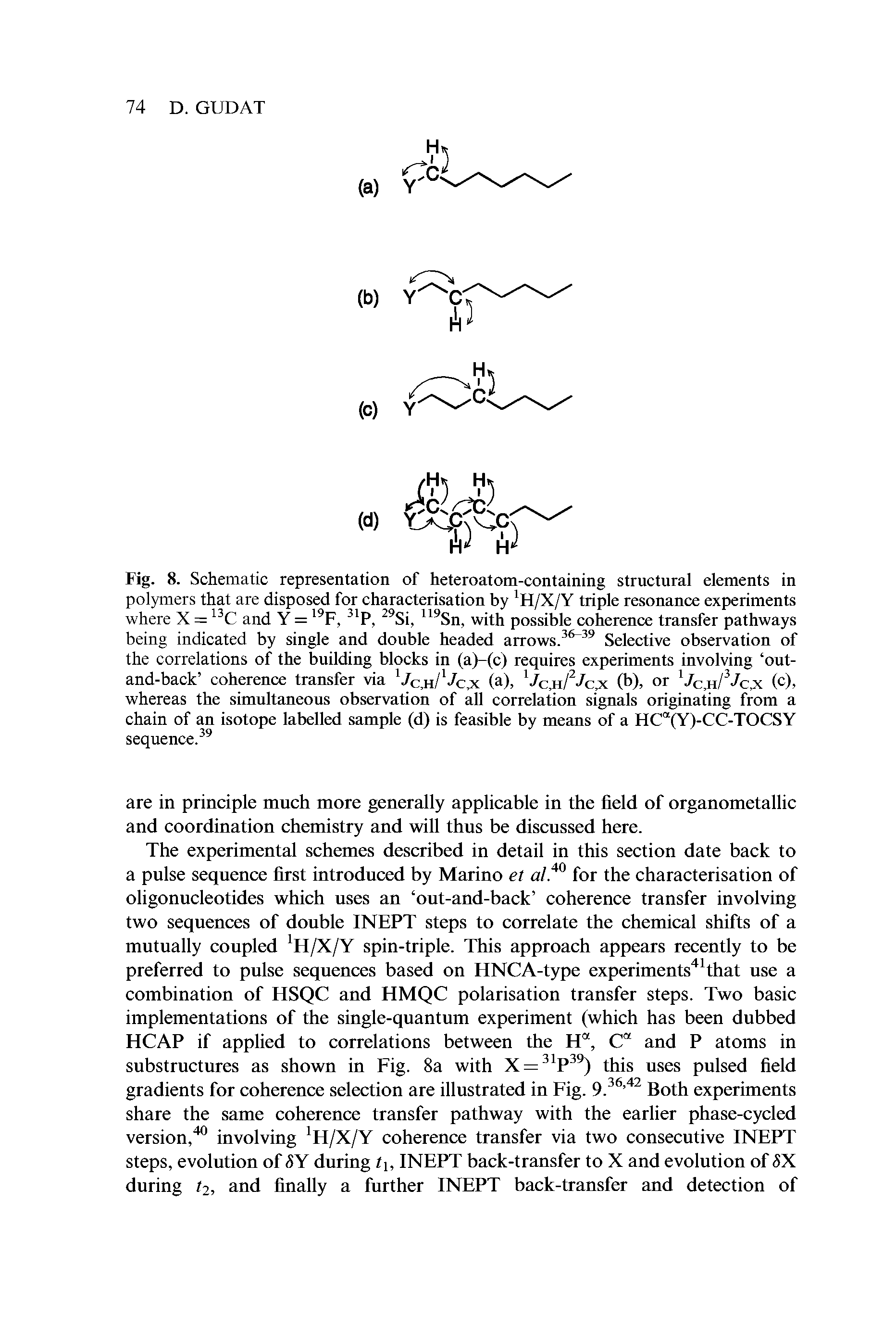 Fig. 8. Schematic representation of heteroatom-containing structural elements in polymers that are disposed for characterisation by 1H/X/Y triple resonance experiments where X = 13C and Y = 19F, 31P, 29Si, 119Sn, with possible coherence transfer pathways being indicated by single and double headed arrows.36 39 Selective observation of the correlations of the building blocks in (a)-(c) requires experiments involving out-and-back coherence transfer via Vc.h/ -A.x (a), Vc.h/ cx (b), or / . (c), whereas the simultaneous observation of all correlation signals originating from a chain of an isotope labelled sample (d) is feasible by means of a HCa(Y)-CC-TOCSY sequence.39...