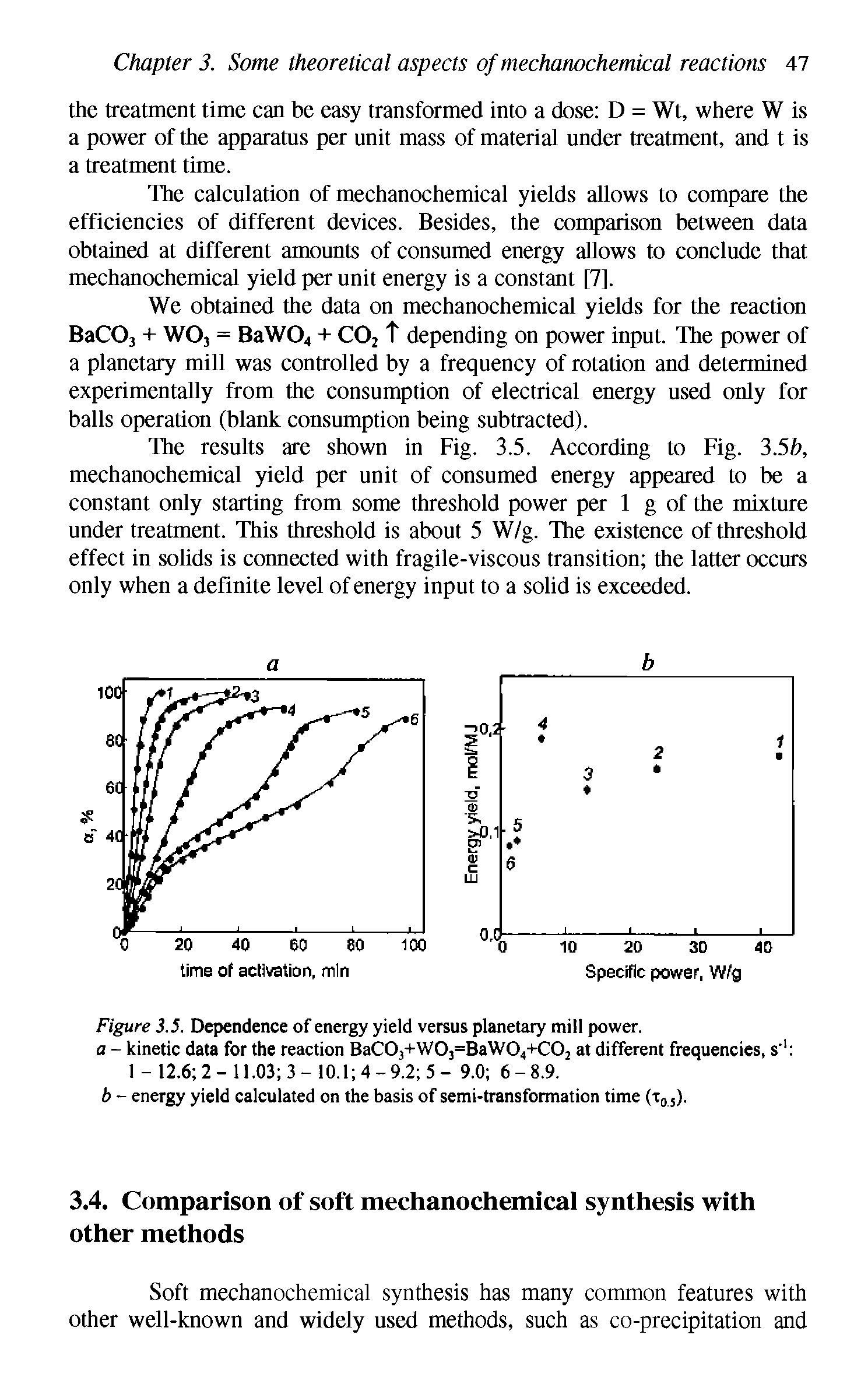 Figure 3.5. Dependence of energy yield versus planetary mill power. a - kinetic data for the reaction BaC0j+W03=BaW04+C02 at different frequencies, s" l-12.6 2-ll.03 3-l0.1 4-9.2 5- 9.0 6-8.9. b - energy yield calculated on the basis of semi-transformation time (X0 5).