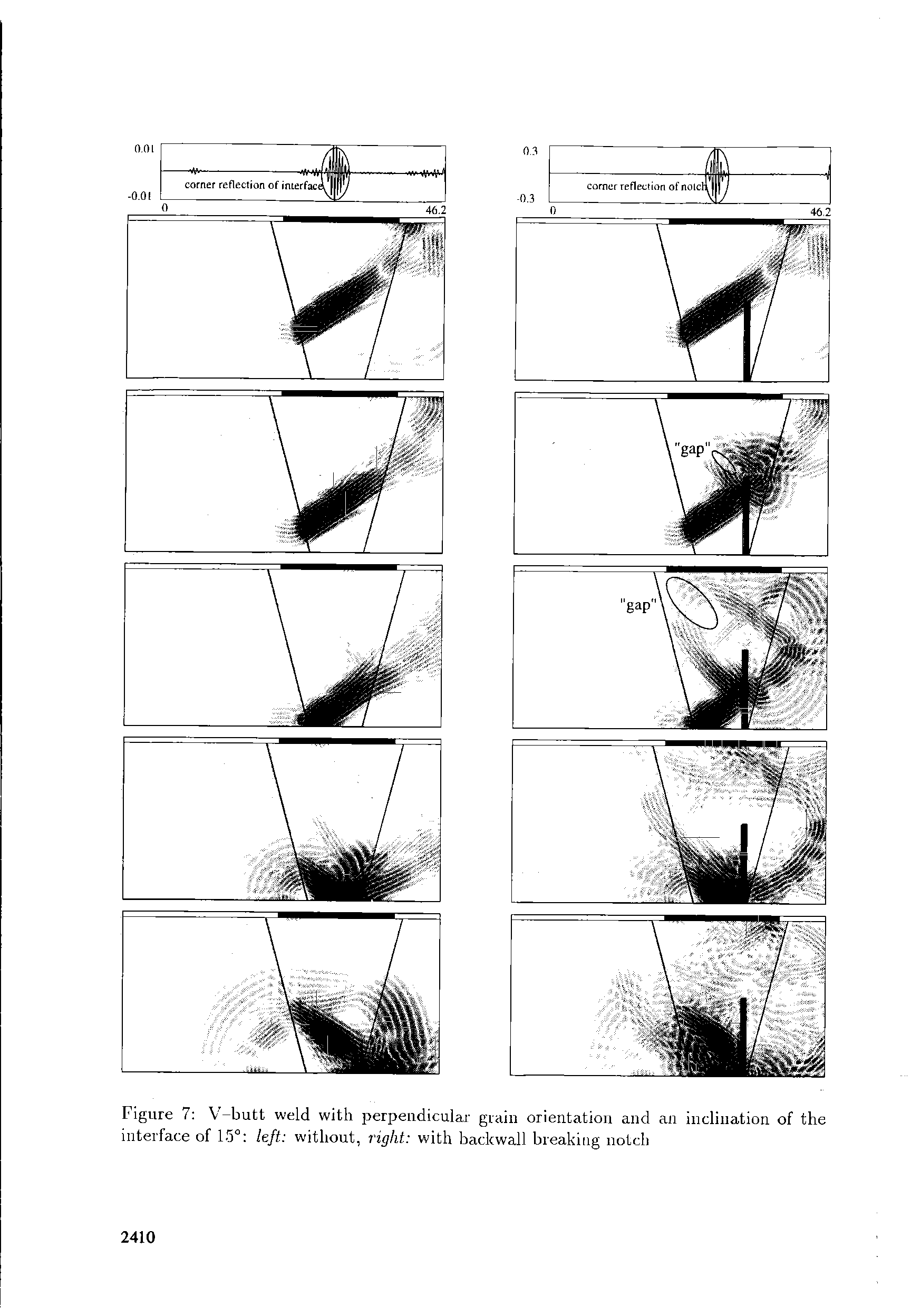 Figure 7 V-butt weld with perpendicular grain orientation and an inclination of the interface of 15° left without, right with backwall breaking notch...