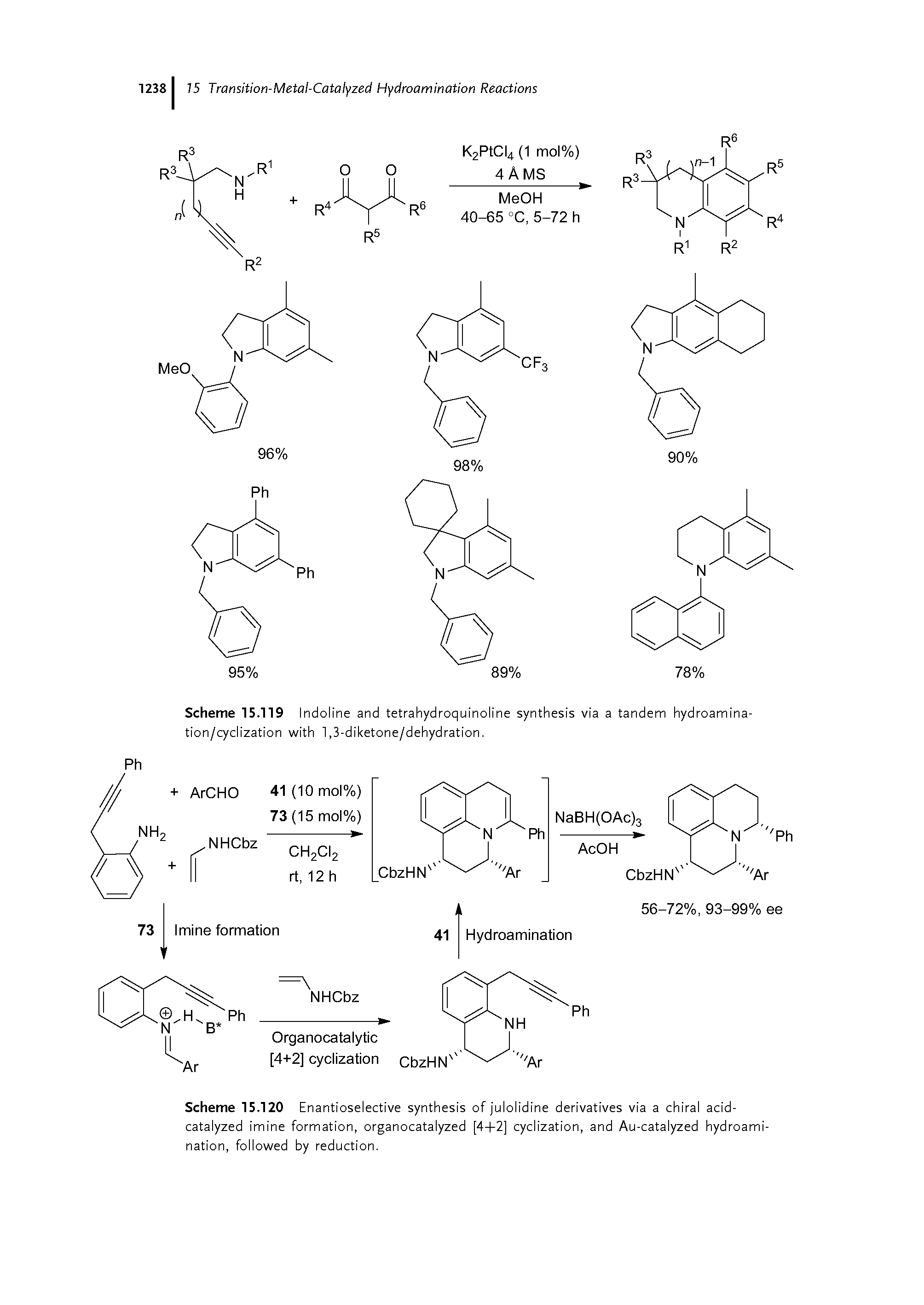 Scheme 15.120 En antioselective synthesis of julolidine derivatives via a chiral acid-catalyzed imine formation, organocatalyzed [4+2] cyclization, and Au-catalyzed hydroamination, followed by reduction.