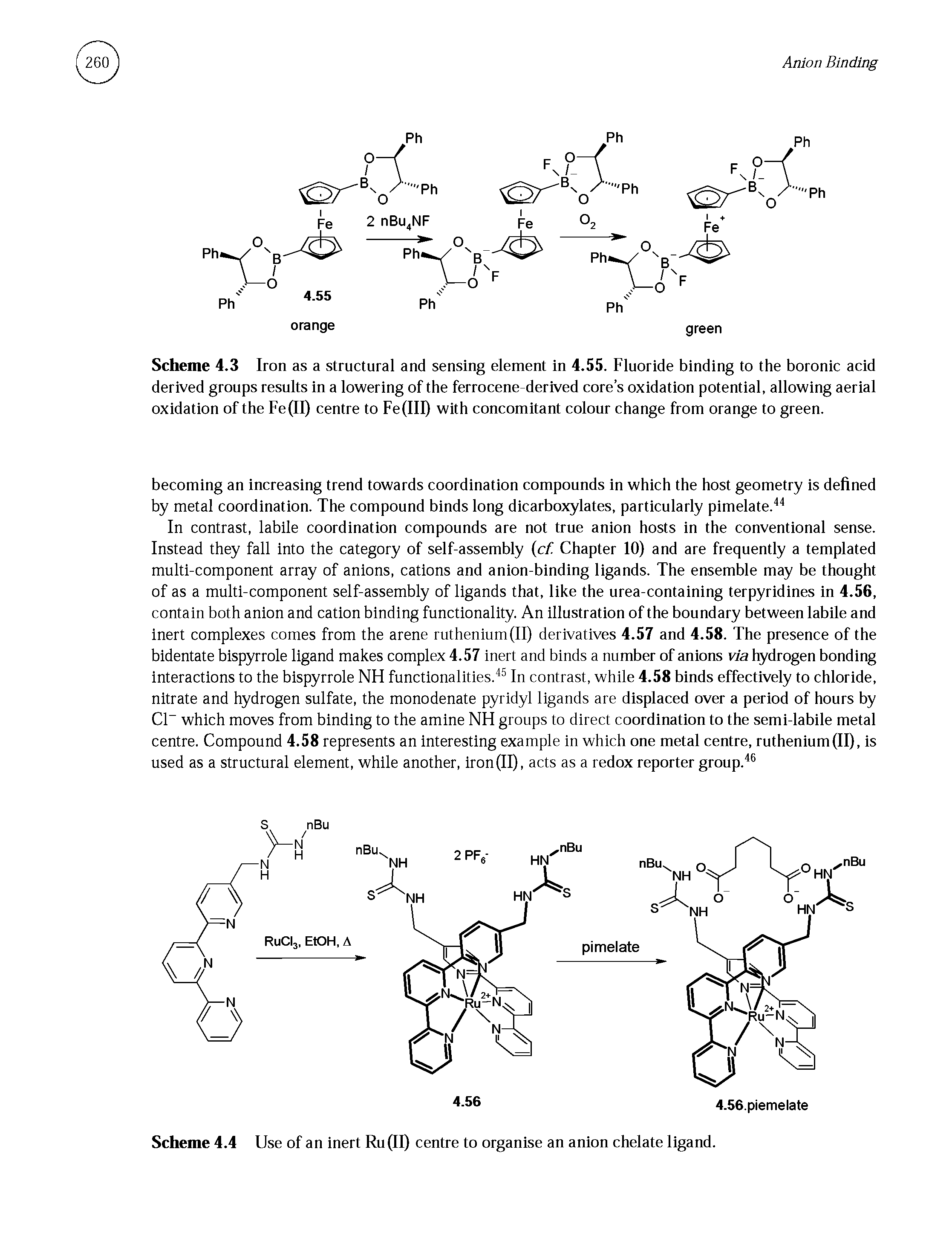 Scheme 4.3 Iron as a structural and sensing element in 4.55. Fluoride binding to the boronic acid derived groups results in a lowering of the ferrocene-derived core s oxidation potential, allowing aerial oxidation of the Fe(II) centre to Fe (III) with concomitant colour change from orange to green.