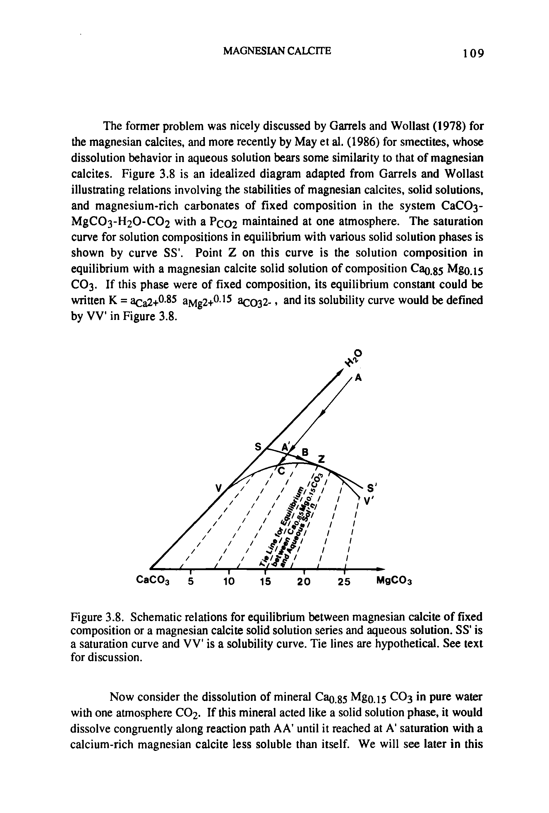 Figure 3.8. Schematic relations for equilibrium between magnesian calcite of fixed composition or a magnesian calcite solid solution series and aqueous solution. SS is a saturation curve and VV is a solubility curve. Tie lines are hypothetical. See text for discussion.