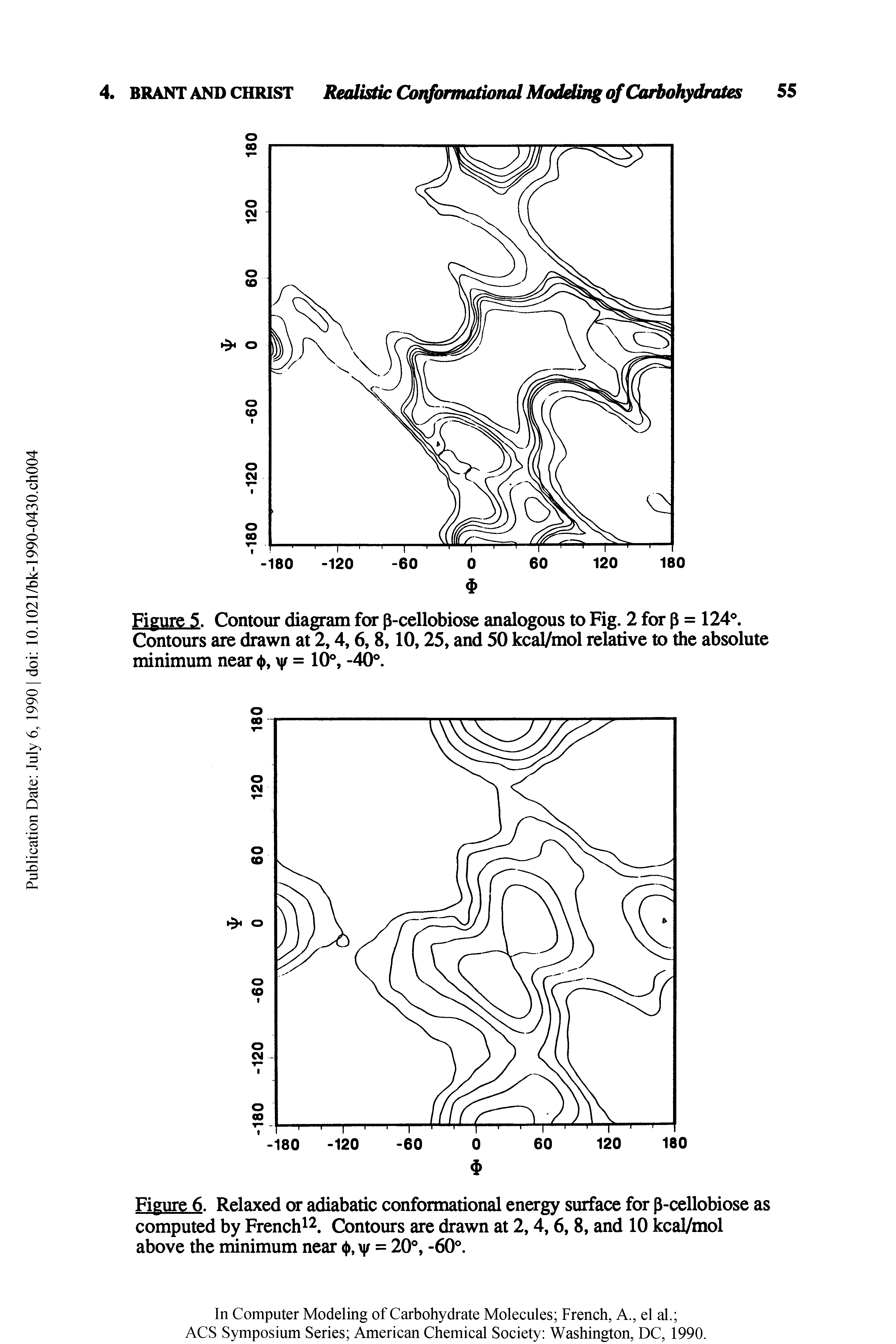 Figure 6. Relaxed or adiabatic conformational energy surface for p-cellobiose as computed by French Contours are drawn at 2,4,6, 8, and 10 kcal/mol above the minimum near < ), = 20 , -60 .