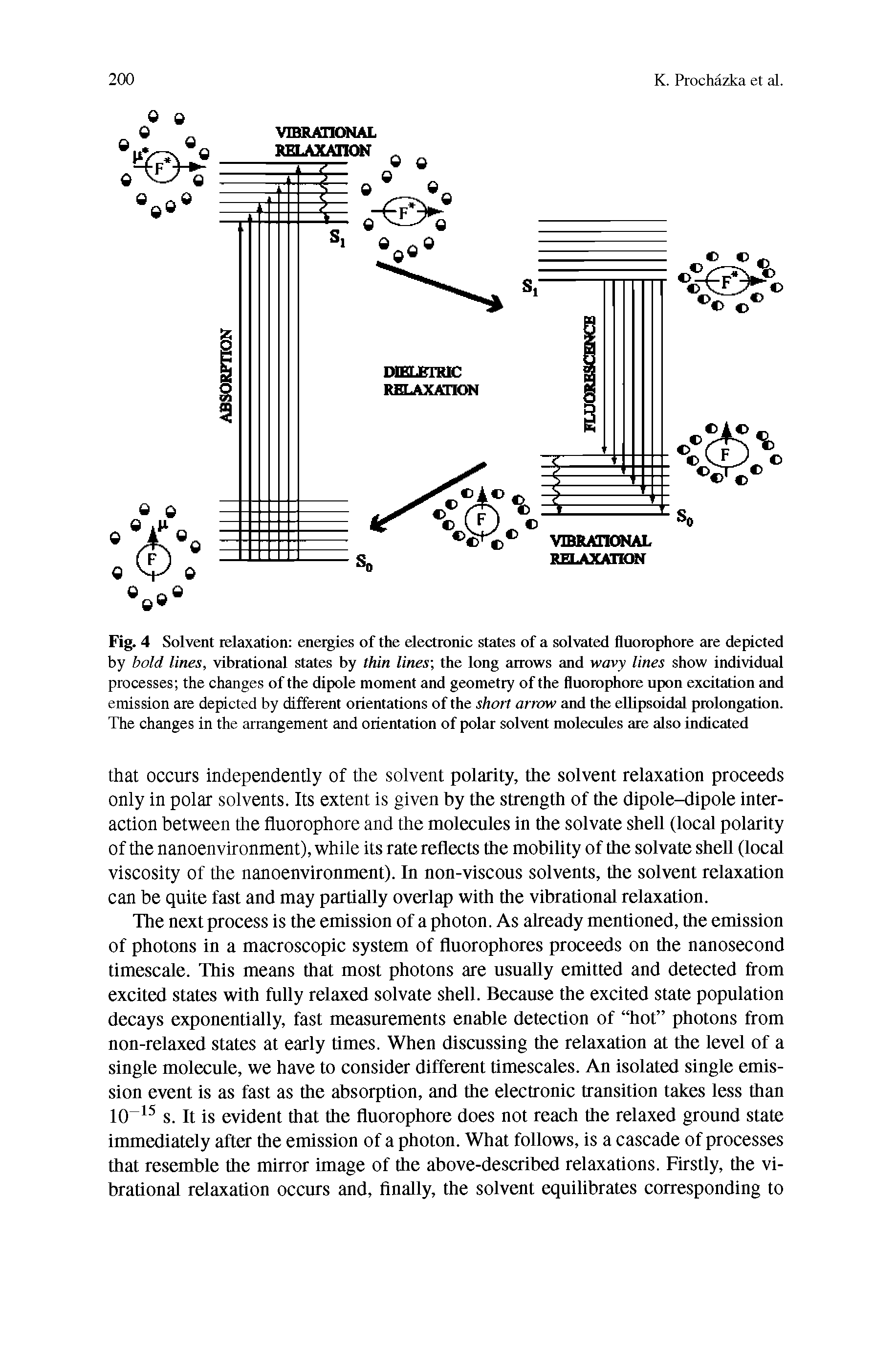 Fig. 4 Solvent relaxation energies of the electronic states of a solvated fluoiophore are depicted by bold lines, vibrational states by thin lines-, the long arrows and wavy lines show individutil processes the changes of the dipole moment and geometry of the fluorophore upon excitation and emission are depicted by different orientations of the short arrow and the ellipsoidal prolongation. The changes in the arrangement and orientation of polar solvent molecules are also indicated...