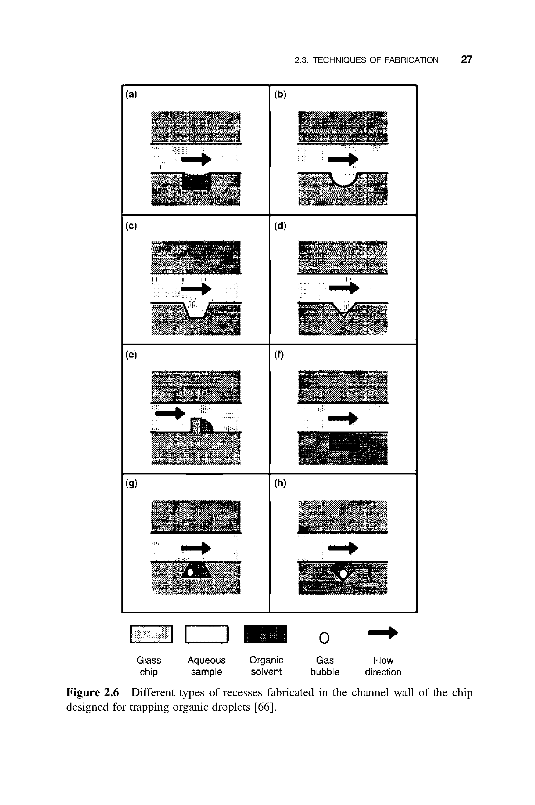 Figure 2.6 Different types of recesses fabricated in the channel wall of the chip designed for trapping organic droplets [66].