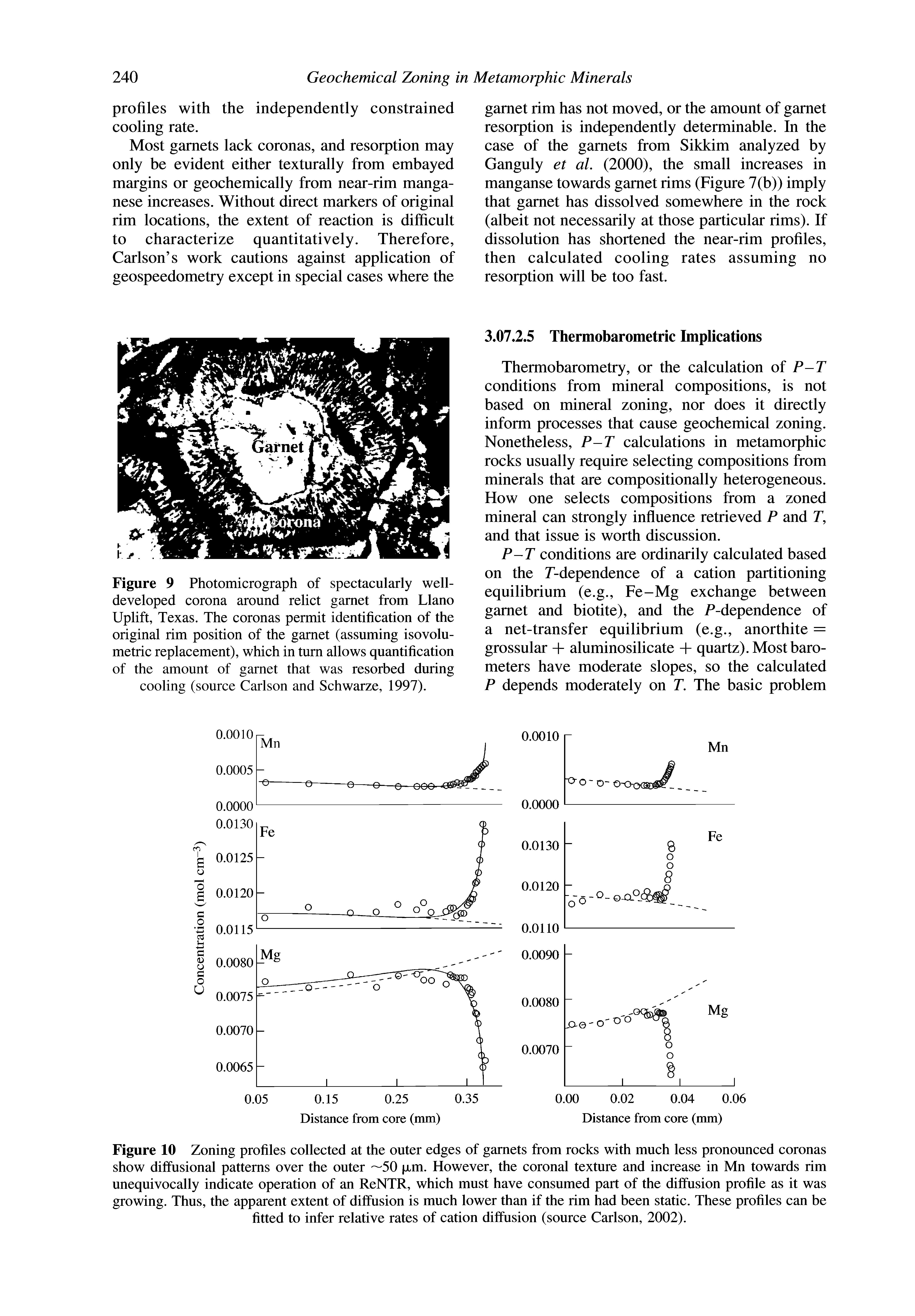 Figure 9 Photomicrograph of spectacularly well-developed corona around relict garnet from Llano Uplift, Texas. The coronas permit identification of the original rim position of the garnet (assuming isovolu-metric replacement), which in turn allows quantification of the amount of garnet that was resorbed during cooling (source Carlson and Schwarze, 1997).