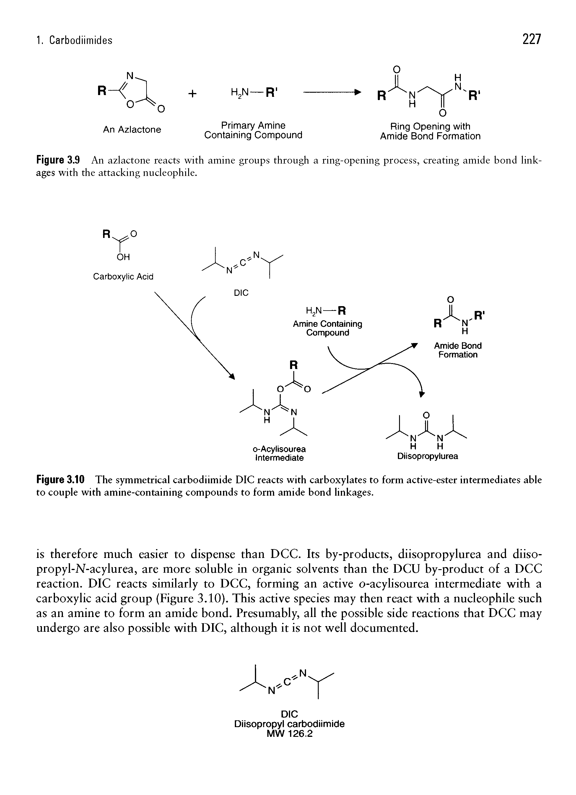 Figure 3.10 The symmetrical carbodiimide DIC reacts with carboxylates to form active-ester intermediates able to couple with amine-containing compounds to form amide bond linkages.