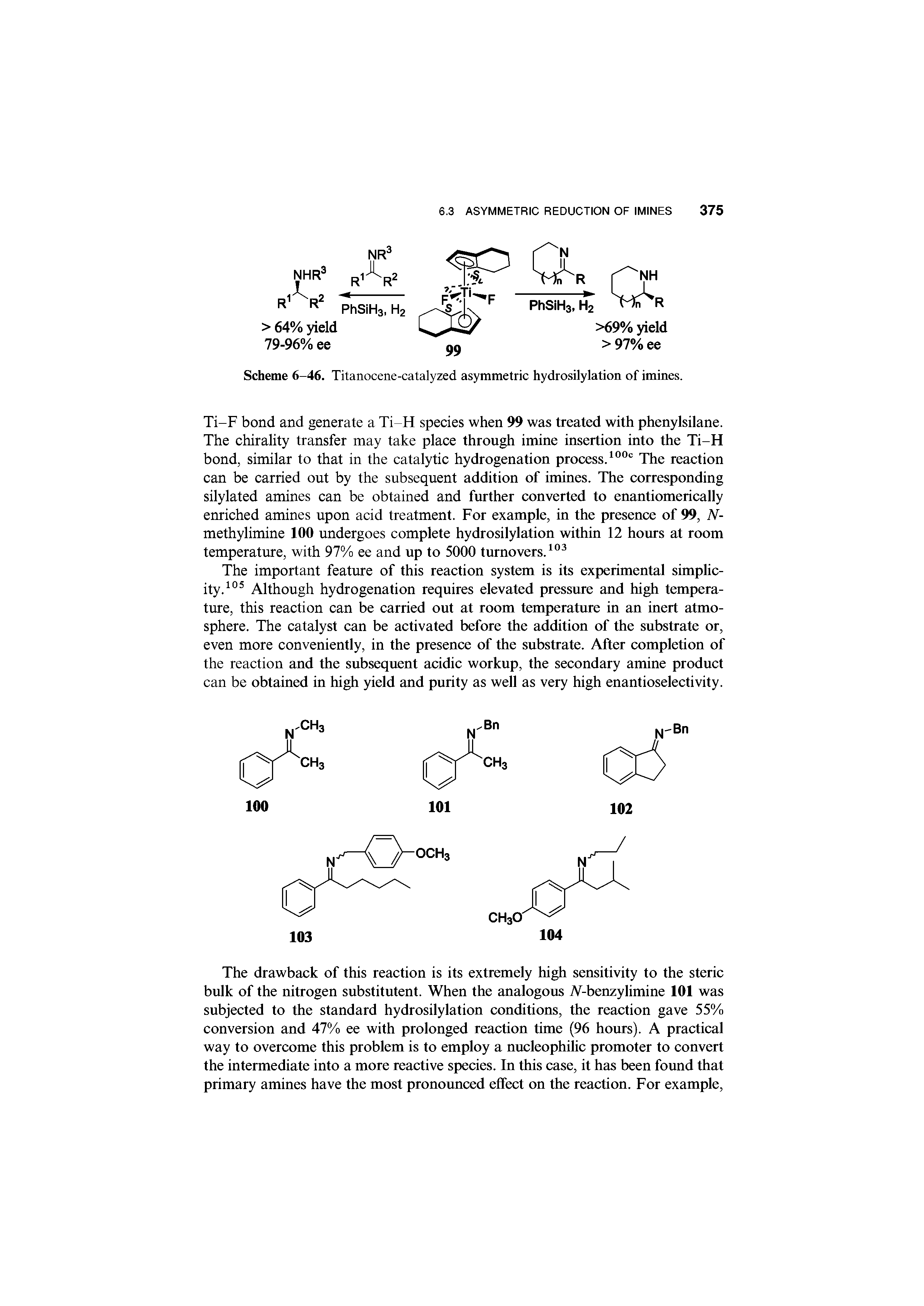 Scheme 6-46. Titanocene-catalyzed asymmetric hydrosilylation of imines.