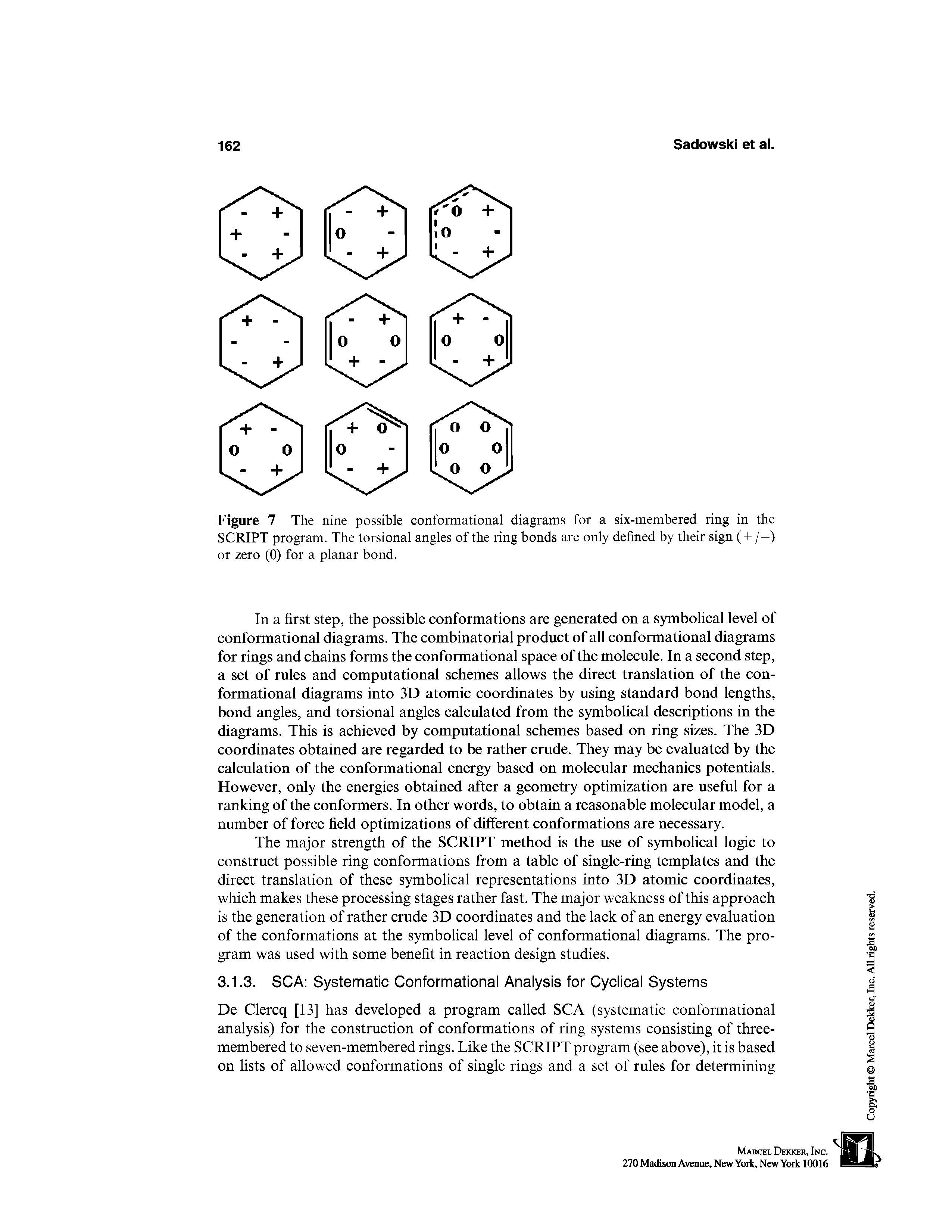 Figure 7 The nine possible conformational diagrams for a six-membered ring in the SCRIPT program. The torsional angles of the ring bonds are only defined by their sign ( + /—) or zero (0) for a planar bond.
