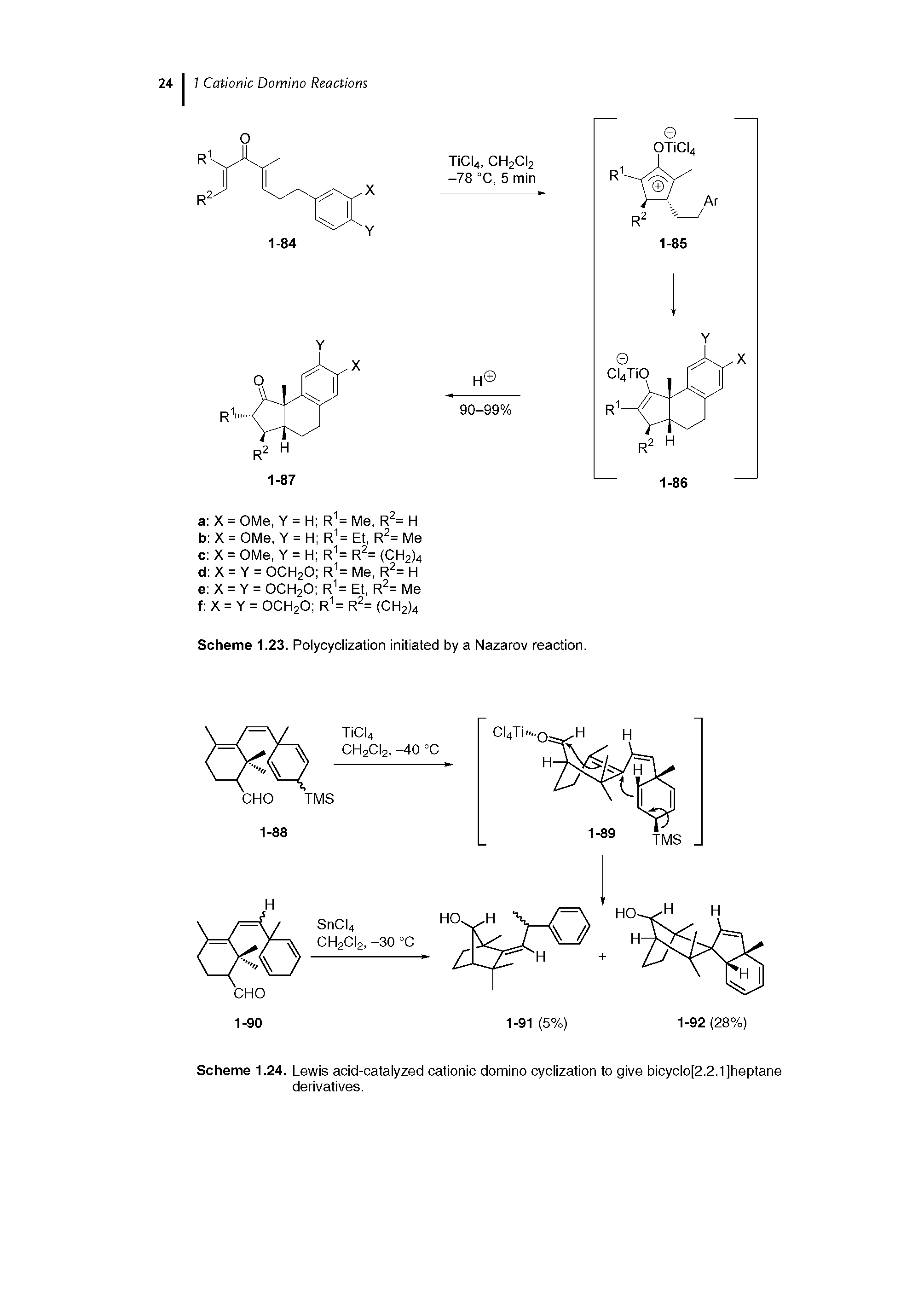 Scheme 1.24. Lewis acid-catalyzed cationic domino cyclization to give bicyclo[2.2.1]heptane derivatives.
