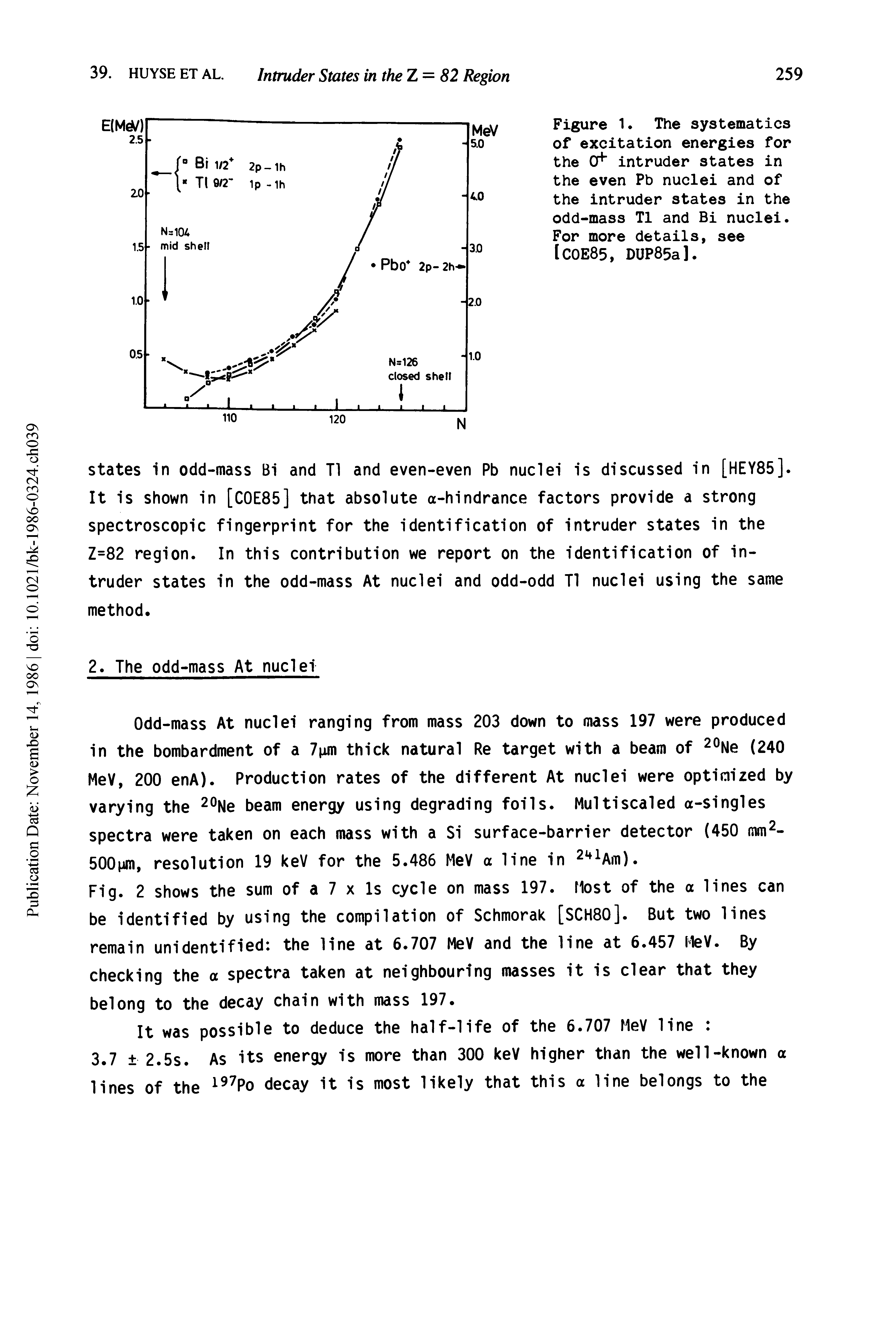 Figure 1. The systematics of excitation energies for the CT " intruder states in the even Pb nuclei and of the intruder states in the odd-mass T1 and Bi nuclei. For more details, see IC0E85, DUP85a].
