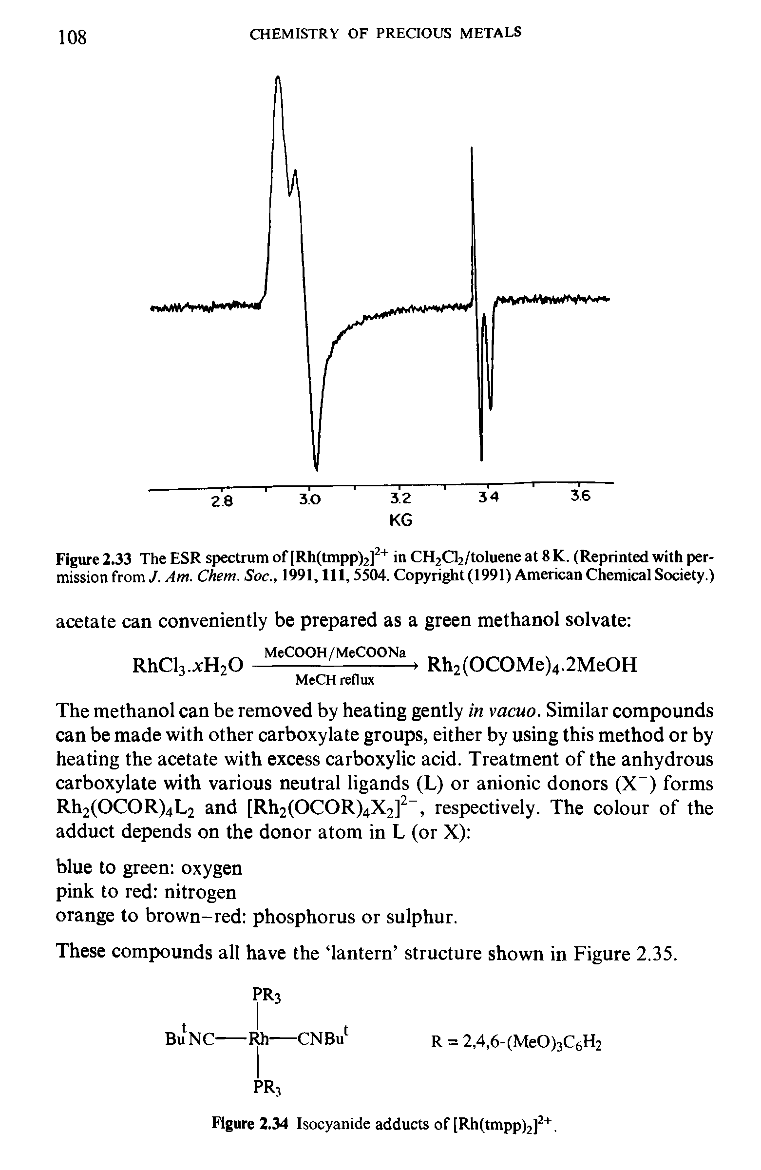 Figure 2.33 The ESR spectrum of [Rh(tmpp)2]2+ in CH2Cl2/toluene at 8 K. (Reprinted with permission from J. Am. Chem. Soc., 1991, 111, 5504. Copyright (1991) American Chemical Society.)...