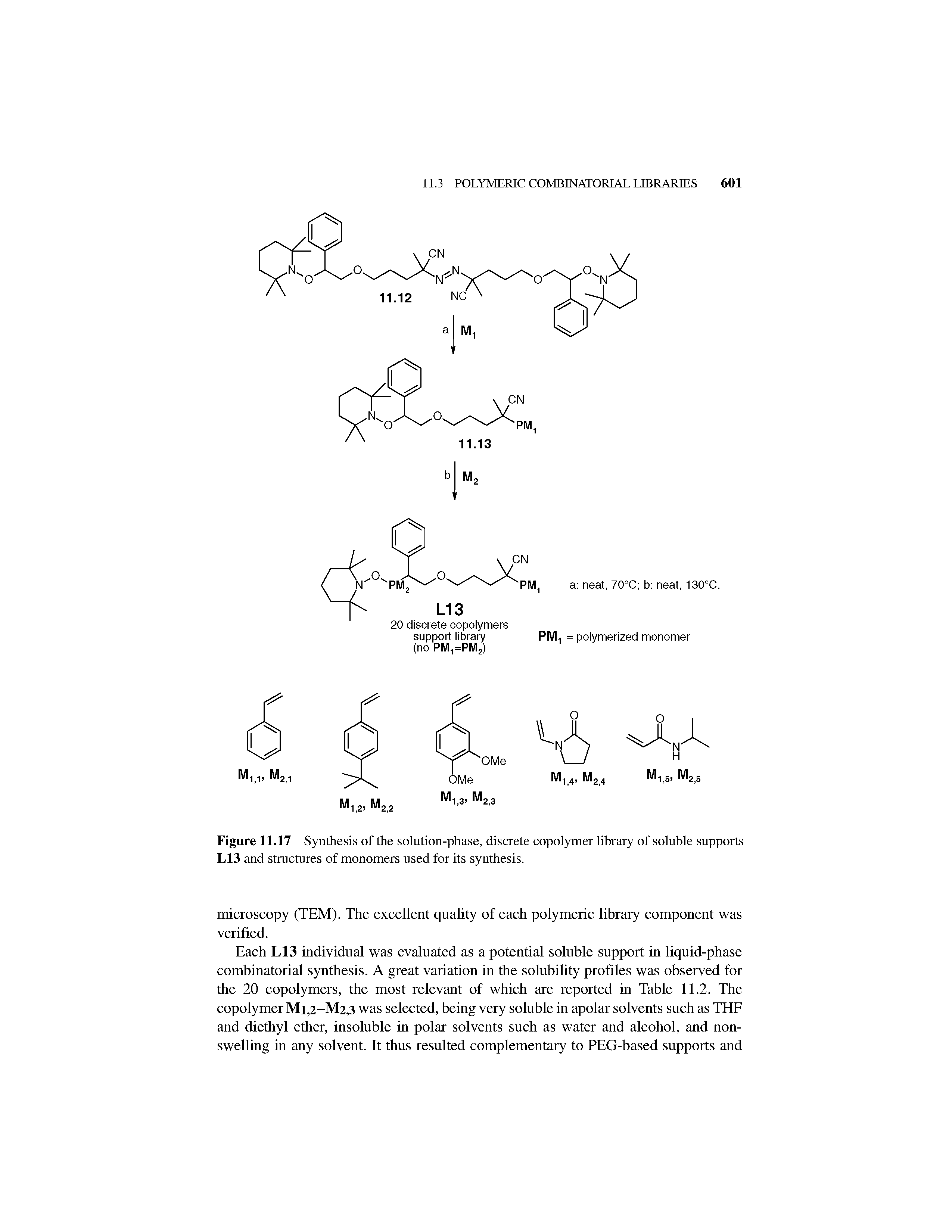 Figure 11.17 Synthesis of the solution-phase, discrete copolymer library of soluble supports L13 and structures of monomers used for its synthesis.