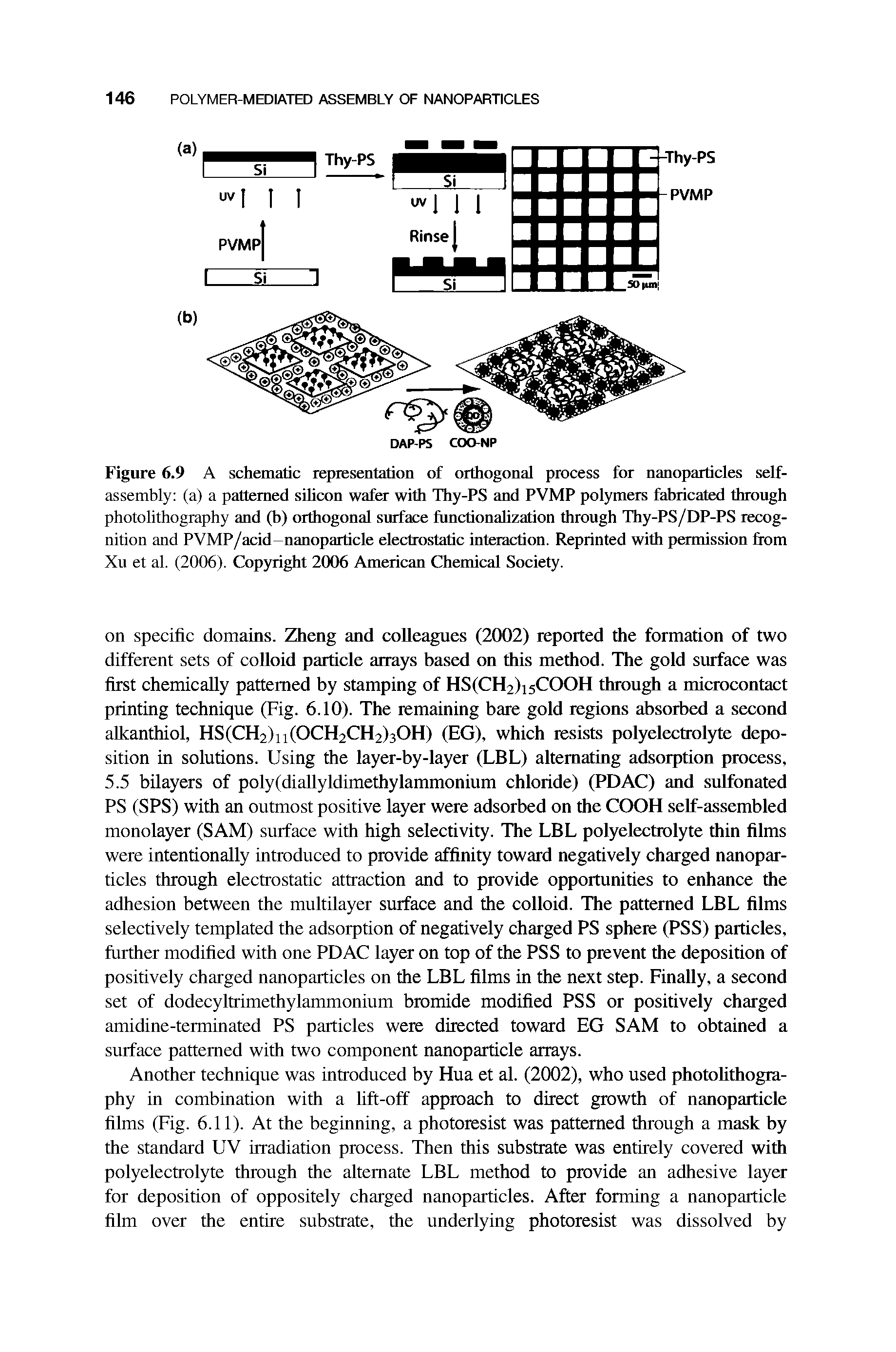 Figure 6.9 A schematic representation of orthogonal process for nanoparticles self-assembly (a) a patterned sihcon wafer with Thy-PS and PVMP polymers fabricated through photolithography and (b) orthogonal surface functionahzation through Thy-PS/DP-PS recognition and PVMP/acid-nanoparticle electrostatic interaction. Reprinted with permission from Xu et al. (2006). Copyright 2006 American Chemical Society.