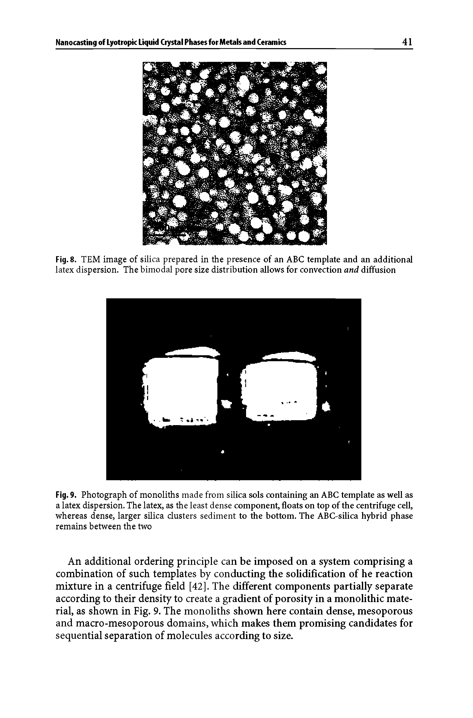 Fig. 9. Photograph of monoliths made from sUica sols containing an ABC template as well as a latex dispersion. The latex, as the least dense component, floats on top of the centrifnge cell, whereas dense, larger silica clusters sediment to the bottom. The ABC-siUca hybrid phase remains between the two...