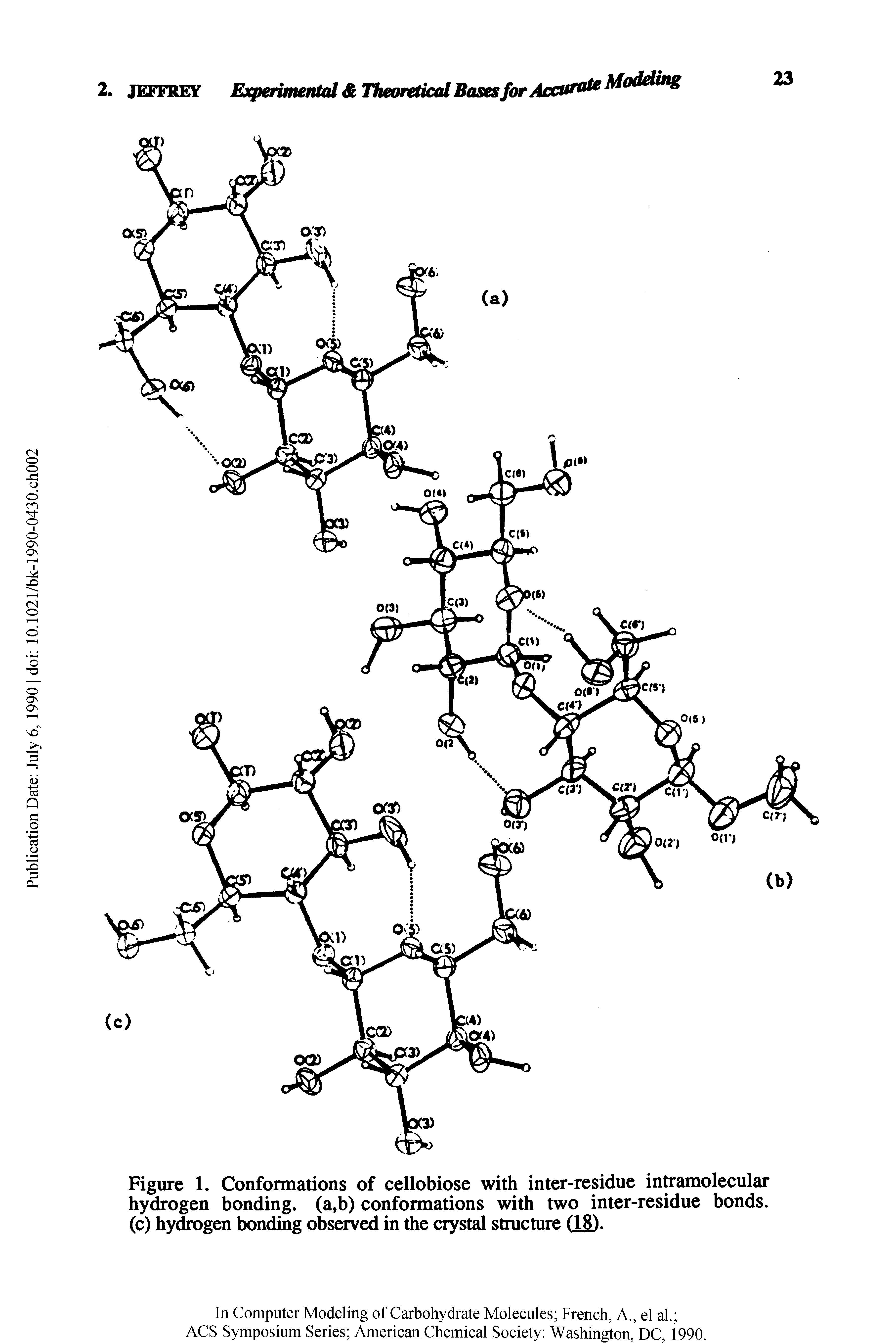 Figure 1. Conformations of cellobiose with inter-residue intramolecular hydrogen bonding. (a,b) conformations with two inter-residue bonds, (c) hydrogen bonding observed in the crystal structure (18).