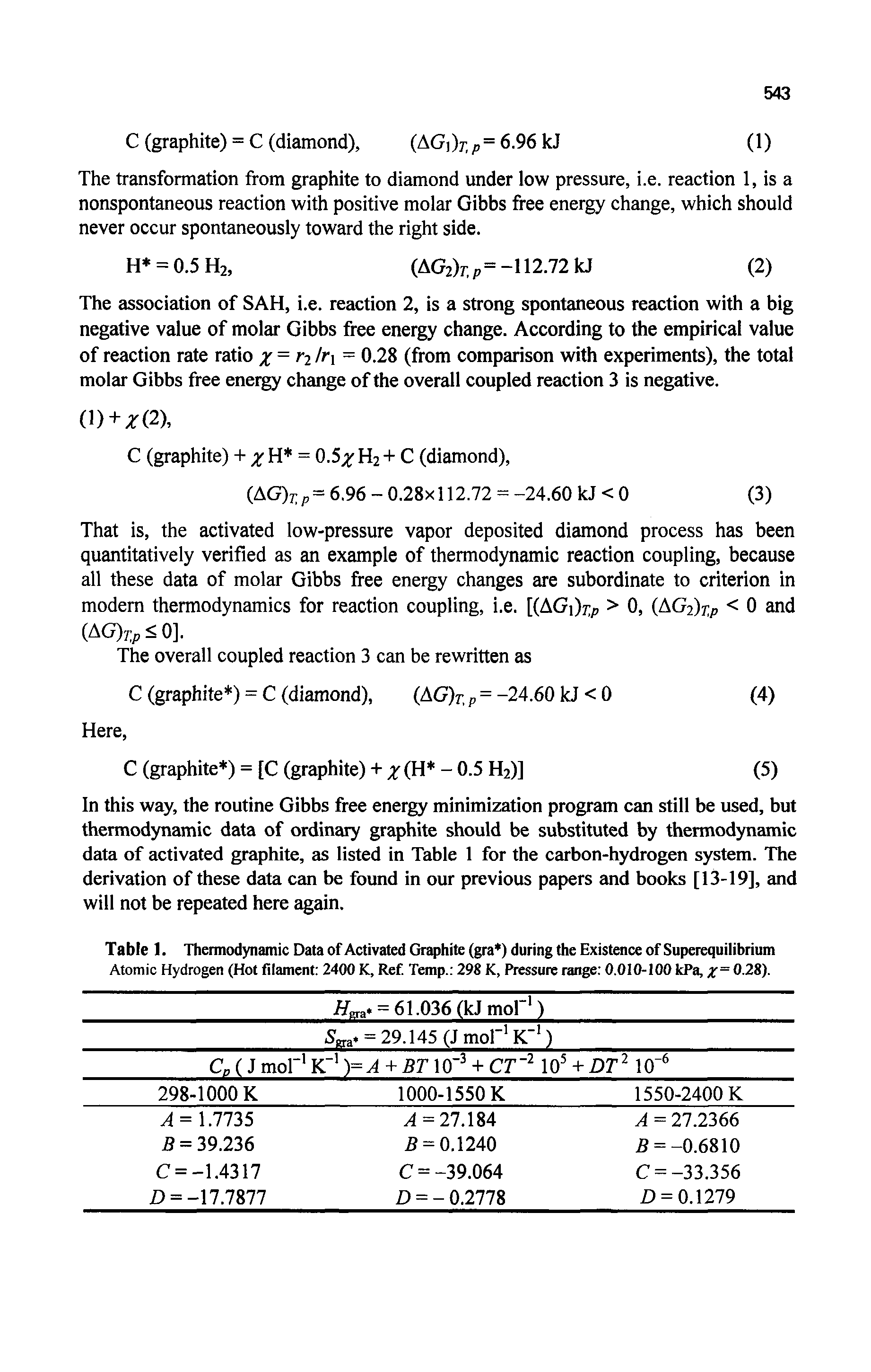 Table 1. Thennodynamic Data of Activated Graphite (gra ) during the Existence of Superequilibrium Atomic Hydrogen (Hot filament 2400 K, Ref. Temp. 298 K, Pressure range O.OIO-lOO kPa, x 0-28).