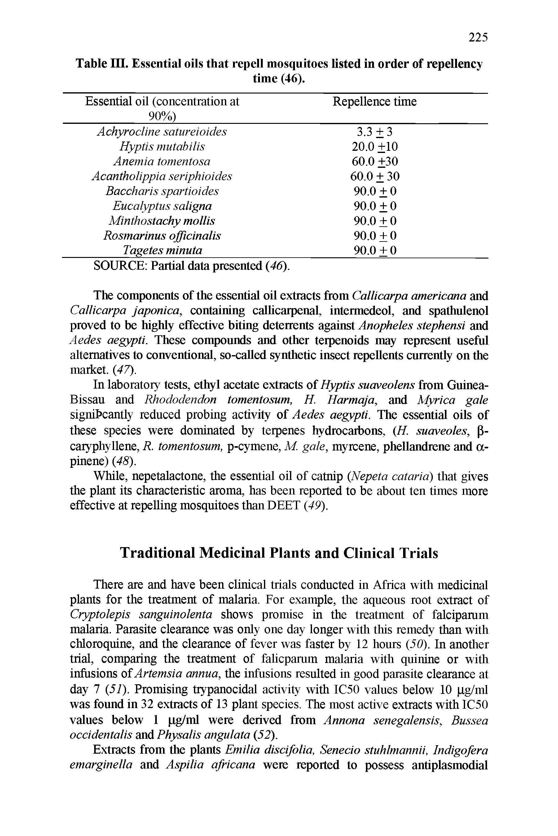 Table III. Essential oils that repell mosquitoes listed in order of repellency...