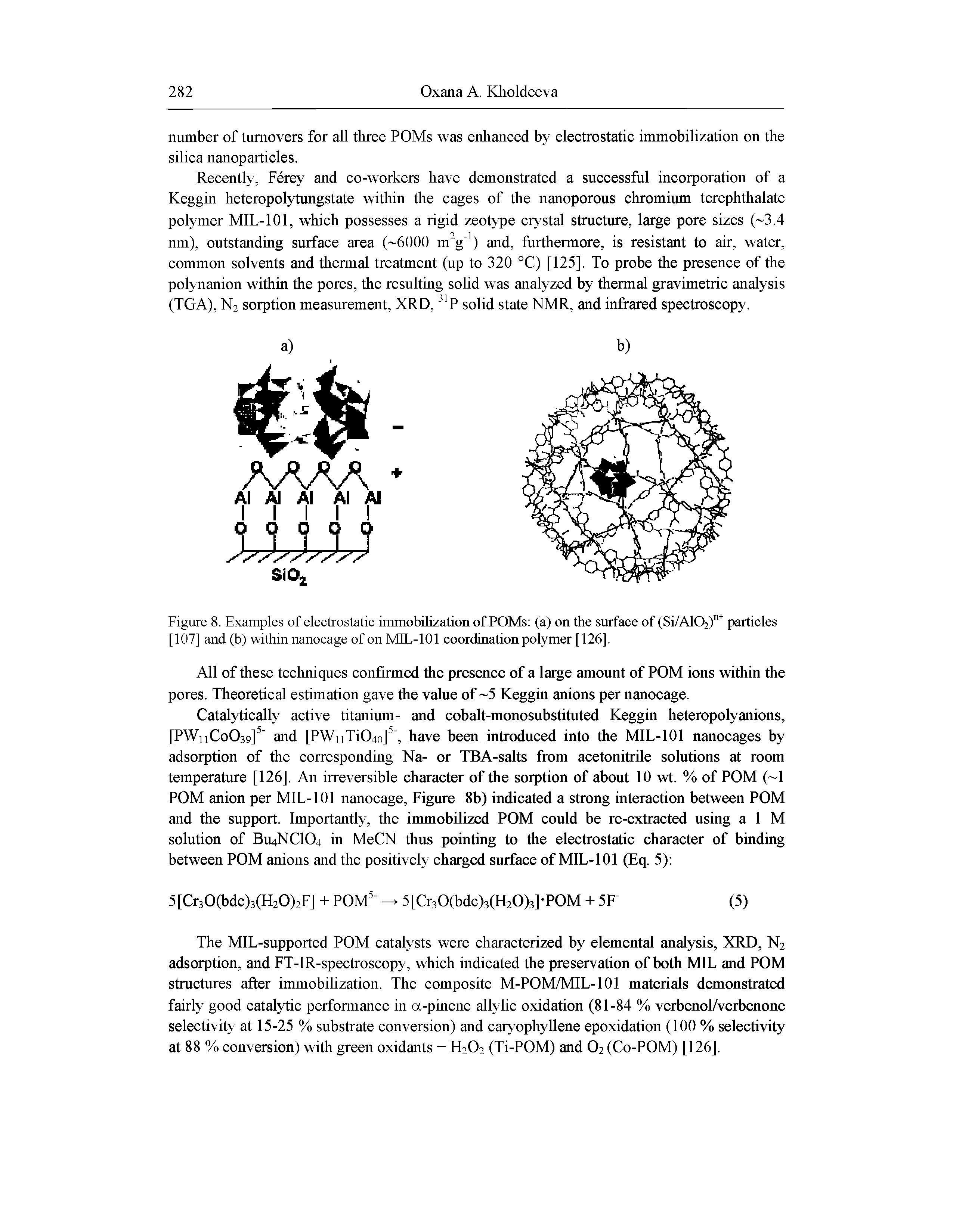 Figure 8. Examples of electrostatic immobilization of POMs (a) on the surface of (Si/A102)" particles [107] and (b) within nanocage of on MIL-101 coordination polymer [126].