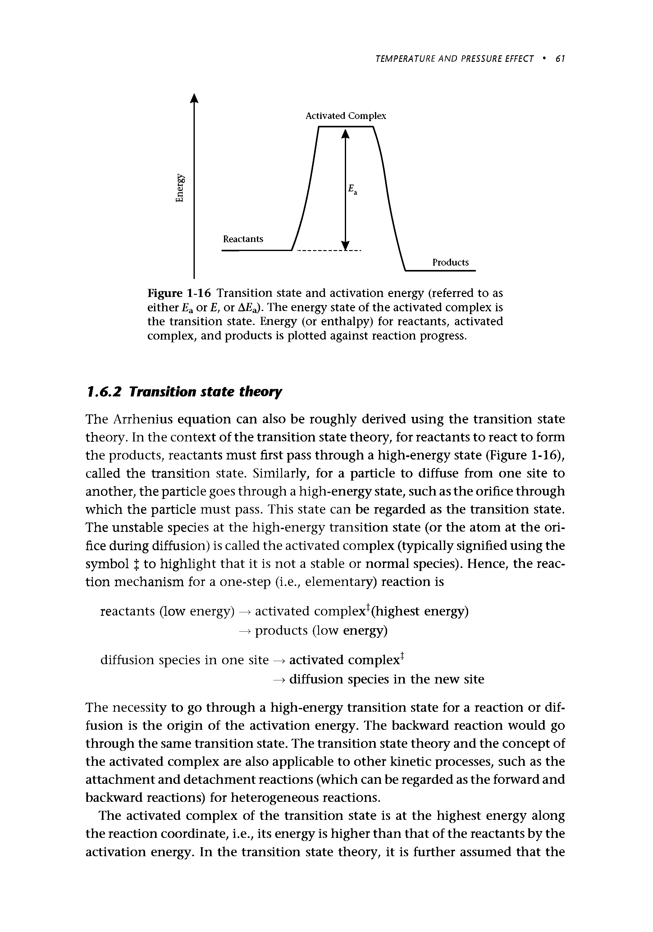 Figure 1-16 Transition state and activation energy (referred to as either or E, or A a)- The energy state of the activated complex is the transition state. Energy (or enthalpy) for reactants, activated complex, and products is plotted against reaction progress.