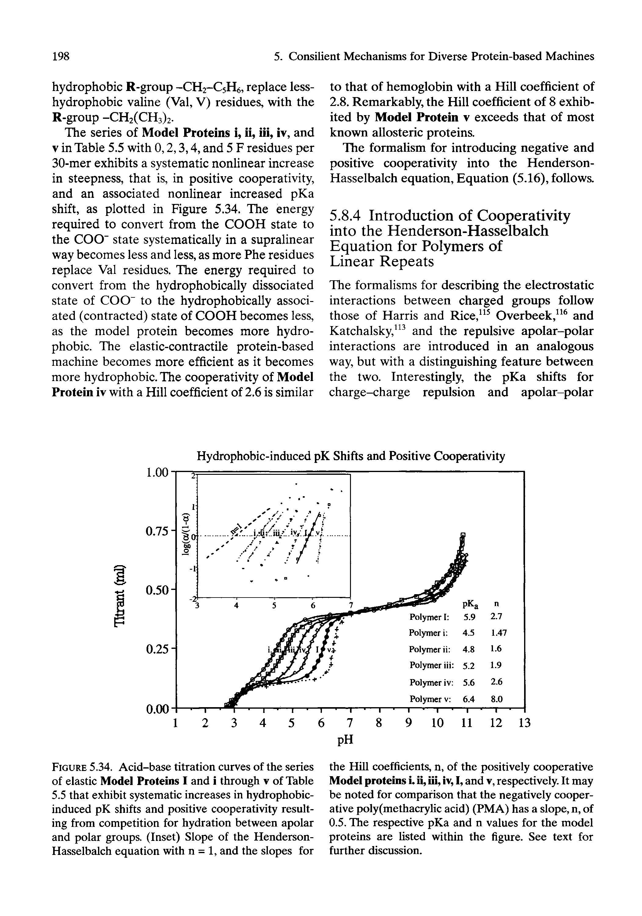 Figure 5.34. Acid-base titration curves of the series of elastic Model Proteins I and i through v of Table 5.5 that exhibit systematic increases in hydrophobic-induced pK shifts and positive cooperativity resulting from competition for hydration between apolar and polar groups. (Inset) Slope of the Henderson-Hasselbalch equation with n = 1, and the slopes for...