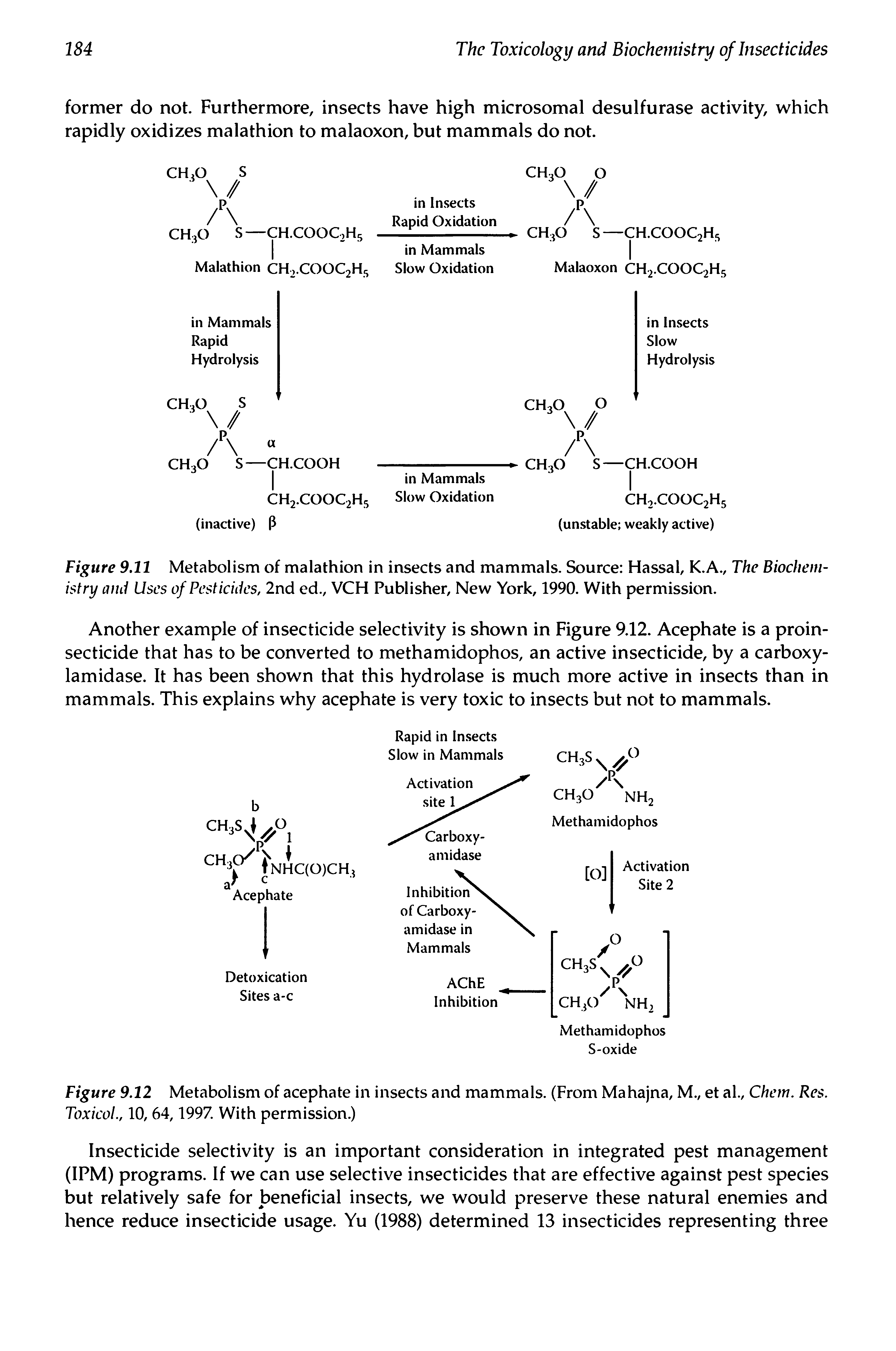 Figure 9.11 Metabolism of malathion in insects and mammals. Source Hassal, K.A., The Biochemistry and Uses of Pesticides, 2nd ed., VCH Publisher, New York, 1990. With permission.