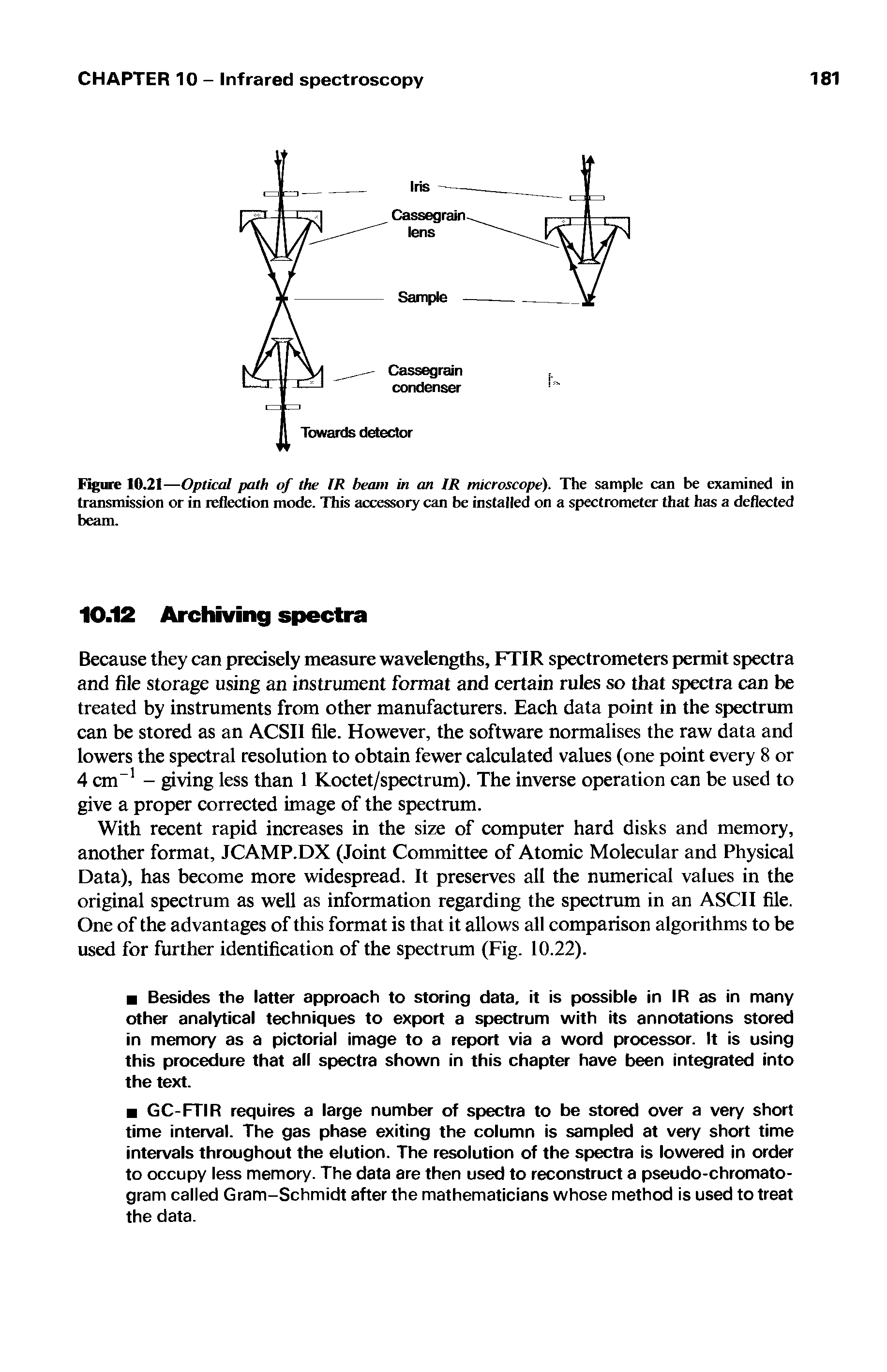 Figure 10.21—Optical path of the 1R beam in an 1R microscope). The sample can be examined in transmission or in reflection mode. This accessory can be installed on a spectrometer that has a deflected beam.