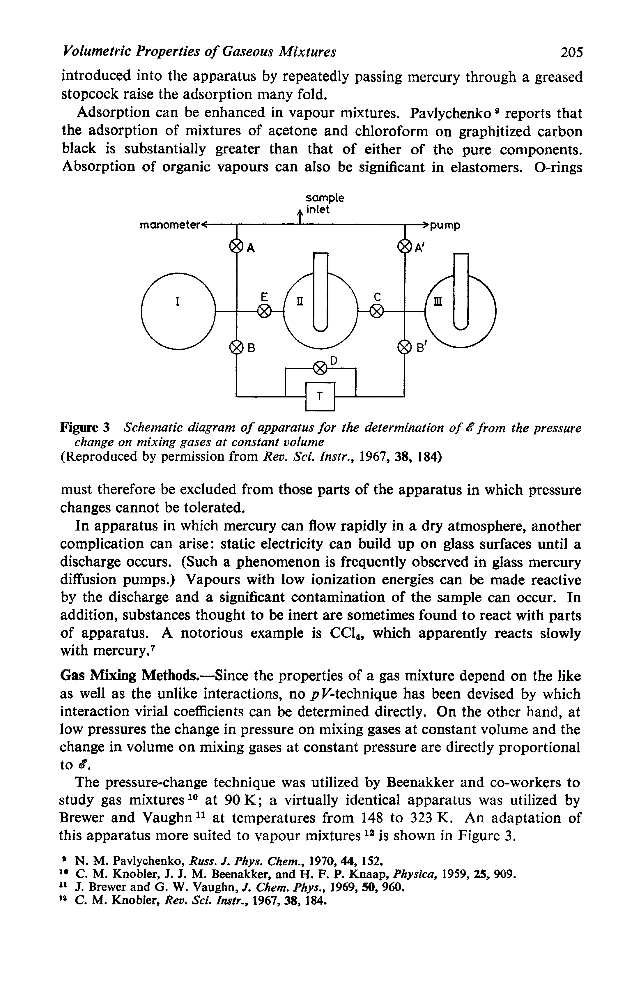 Figure 3 Schematic diagram of apparatus for the determination of S from the pressure change on mixing gases at constant volume (Reproduced by permission from Rev. Sci. Instr., 1967, 38, 184)...
