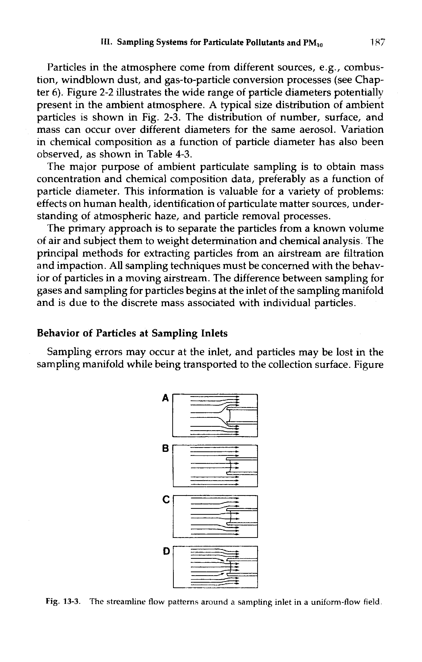 Fig. 13-3. The streamline flow patterns around a sampling inlet in a uniform-flow field.